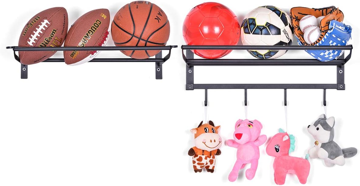 Sunix Sports Equipment Storage, Ball Storage Rack Basketball Holder Wall Mount Shelf with Hooks, 2 Racks, Black