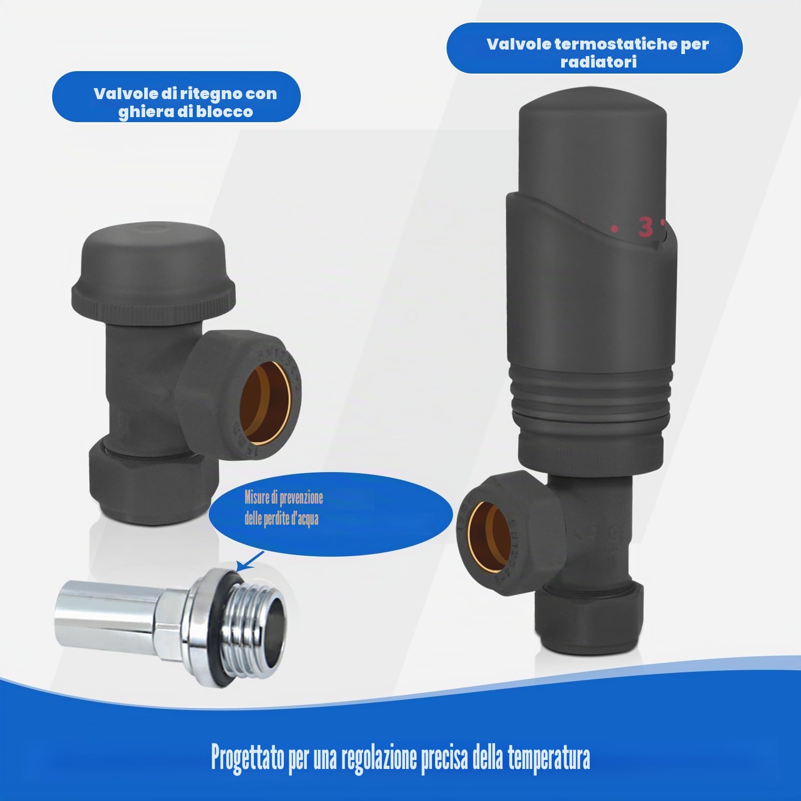 Valvole termostatiche per termosifone (TRV), strutturate, grigio antracite, valvola di blocco angolare, 15 mm, per radiatori per riscaldamento centralizzato, portasciugamani