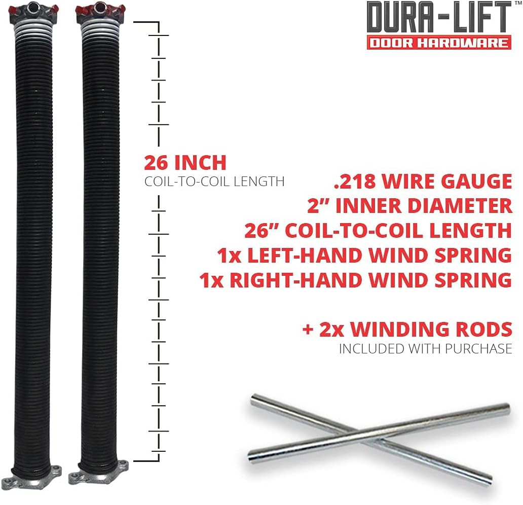 DURA-LIFT .218 x 2" x 26" Torsion Garage Springs (White, Left & Right Wound) with 18" Torsion Spring Winding Rod (2-Pack) : Tools & Home Improvement