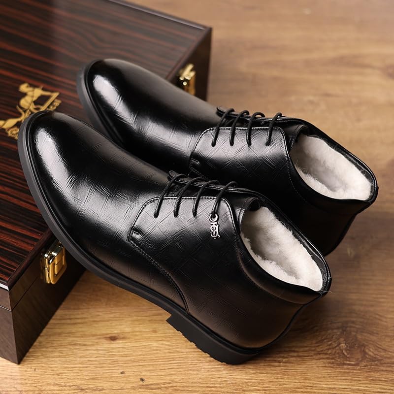 Men's Cotton Shoes Winter Business Formal Snow Boots Casual Thick Warm High Top Lace-up Cotton Leather Shoes Men Pointed Toe Lightweight Non-Slip Shoes2