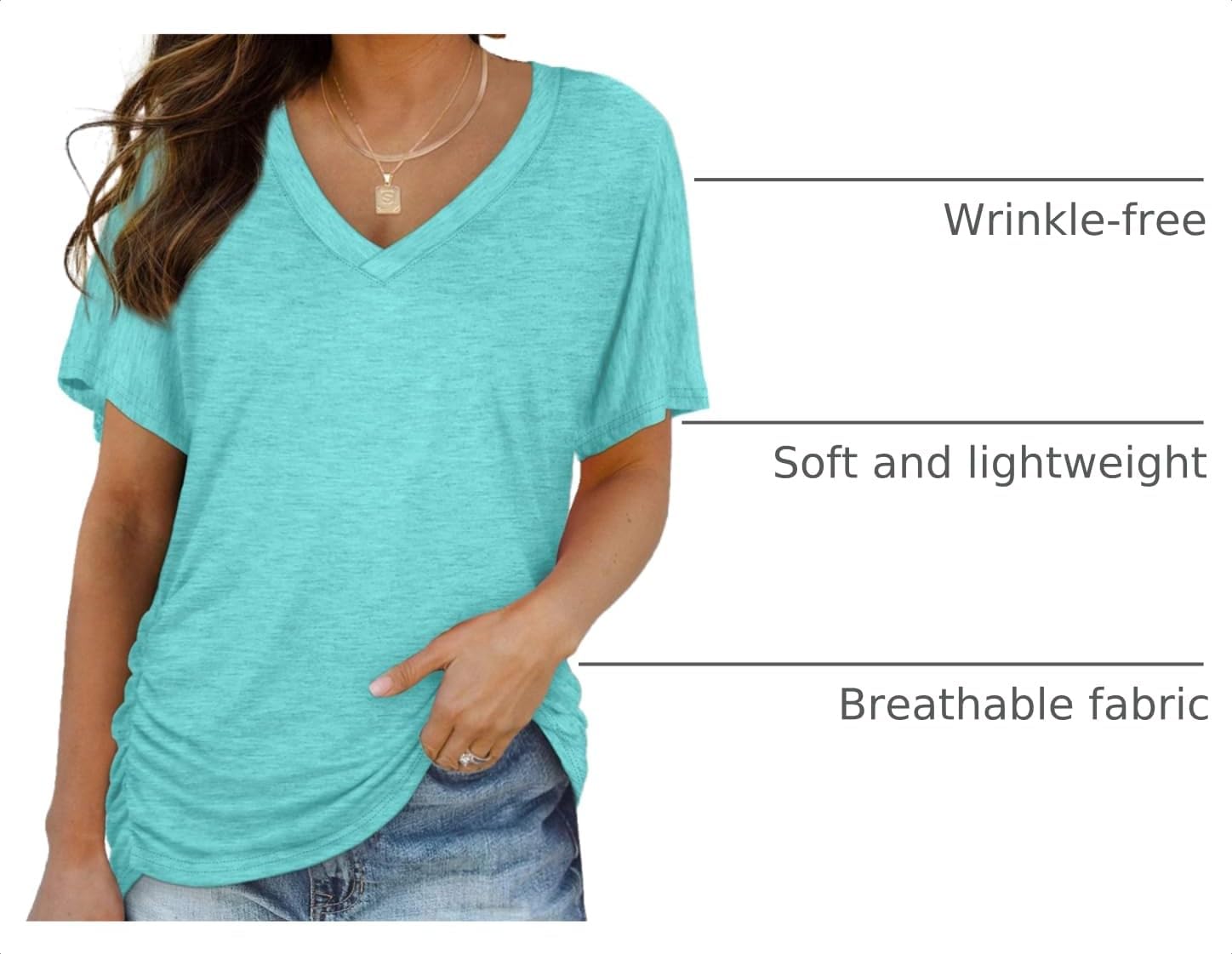 WIHOLL Womens Summer T-Shirts Short Sleeve V Neck Dolman Tops with Side Shirring Loose Fit Shirts Spring Fashion image 4