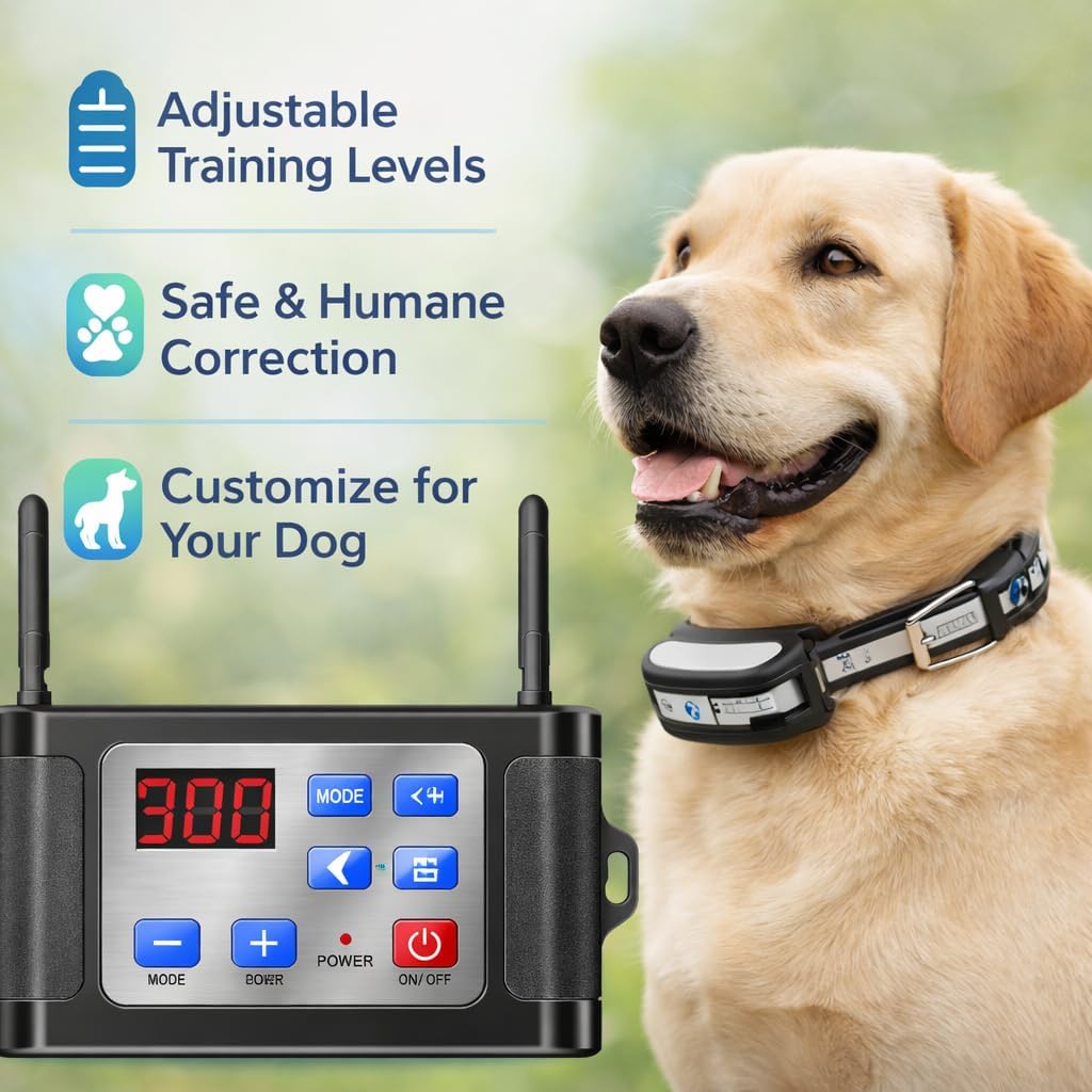 Wireless Dog Fence System for 2 Dogs, Dog Fence with LCD Screen, Adjustable Warning Strength, Range 300 M, Rechargeable Wireless Pet Fence, Dog Perimeter Collar, Invisible Dog Fence