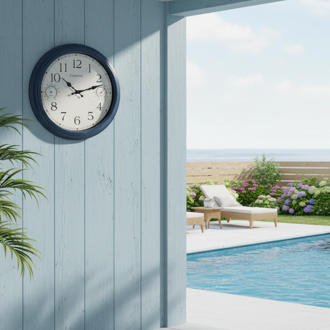 Crosstime 16 Zoll Outdoor Uhr Wasserdicht mit Thermometer & Hygrometer, Küste Nautische Dekoration für Terrasse, Pool, Garten, Hinterhof - Blau