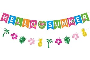 Hello Summer Banner and Glittery Hawaiian Luau Tropical Themed Banner