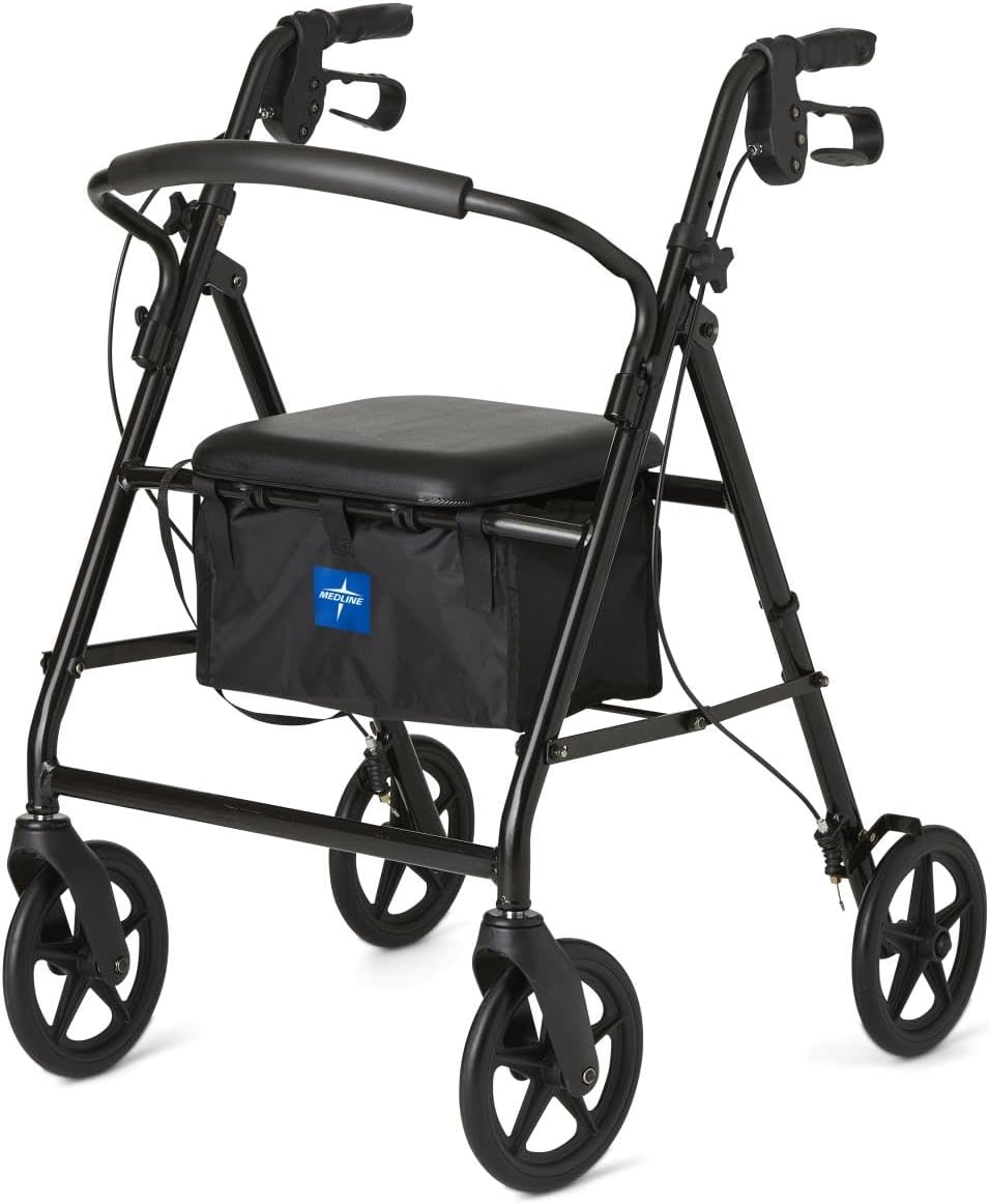 Medline Aluminum Rollator Walker with Seat, Folding Mobility Rolling Walker has 8 inch Wheels, Black