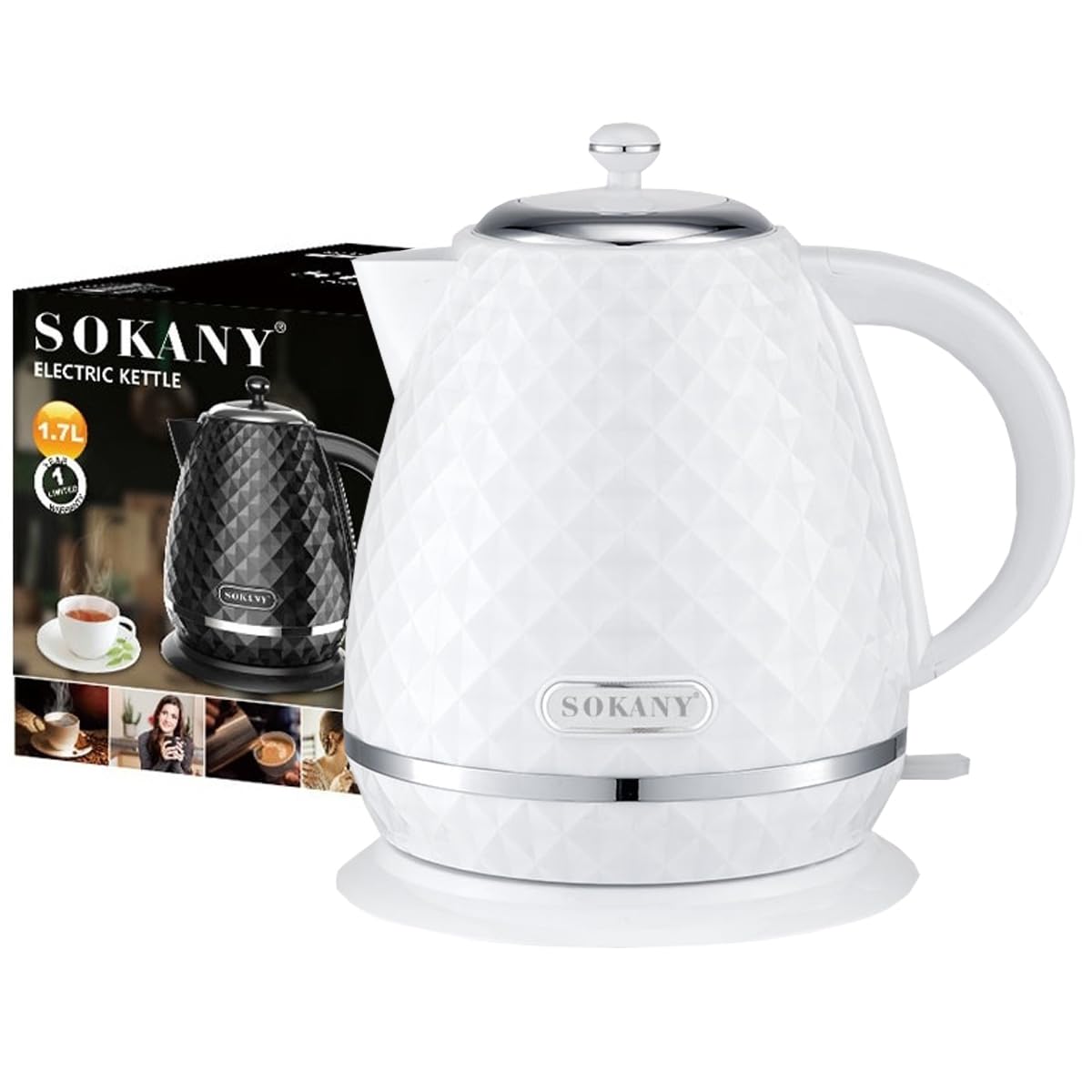 SOKANY SK-1032 2200W Hervidor de Agua Eléctrico, 1,7L Hervidor, Función Apagado Automático, Filtro Extraíble, Indicador Nivel Agua, Base de 360º, Blanco