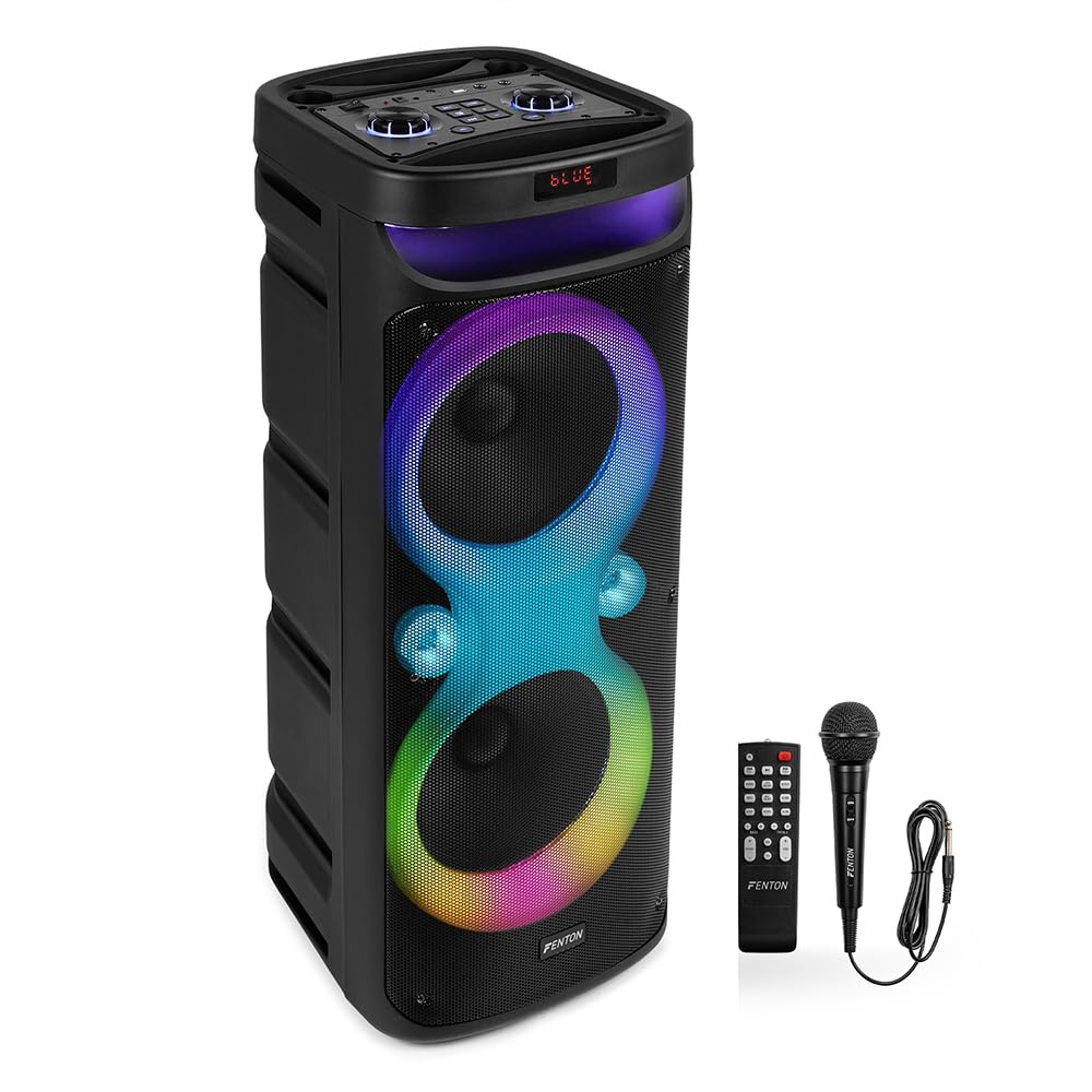 Fenton Track610 Portable Party Speaker, Bluetooth Karaoke Machine with Microphone, Battery Powered, LED Lights, Stereo Pairing, 240W Sound System