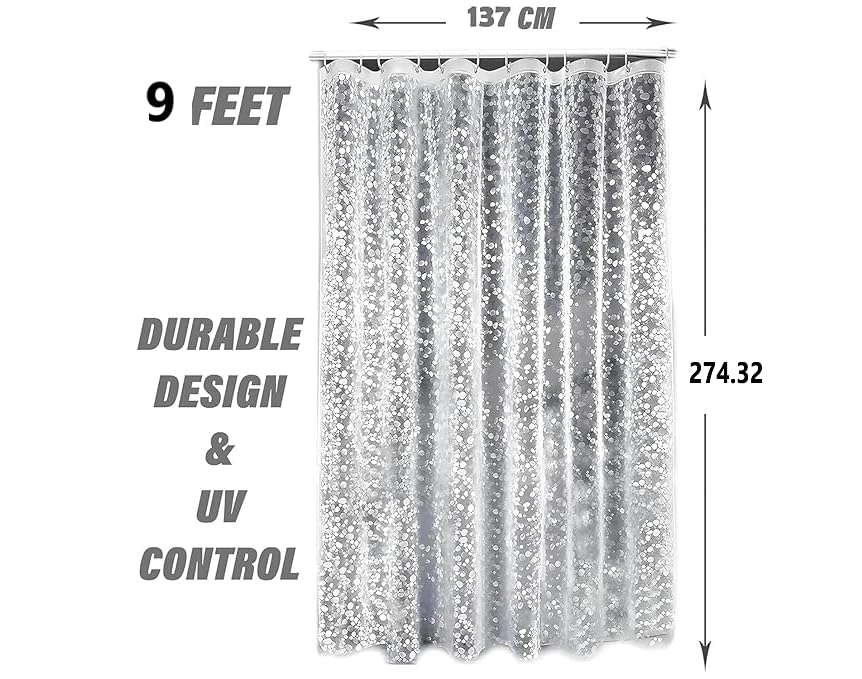 Image of Shower Curtain 9 Feet | Waterproof PVC Bathroom Curtain with 8 Rings | Transparent Stone Print Bathtub Curtain | Extra Long Bathroom Liner, Waterproof & Easy to Clean (Transparent,Pack of 2)