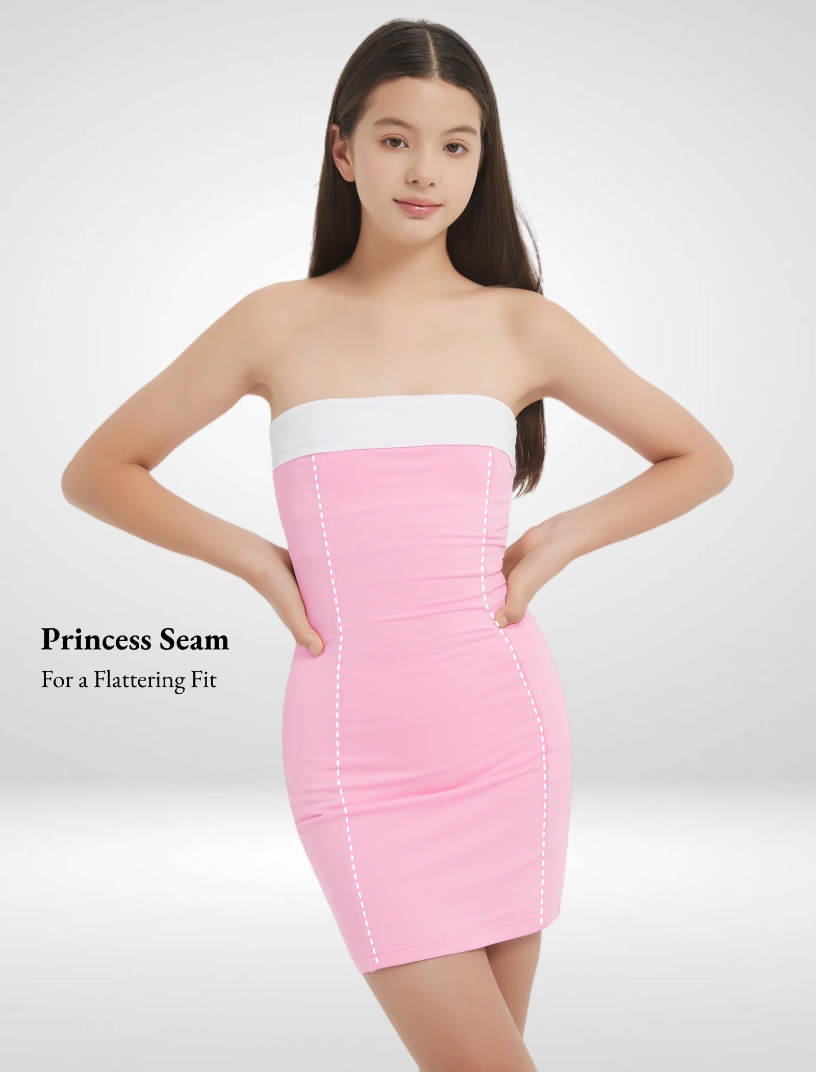 EXARUS Trägerloses Kleid für Mädchen, gepolstert, Teenager, tailliert, Heimkehr, Tanz, formell, Pink/weißer Rand, 164