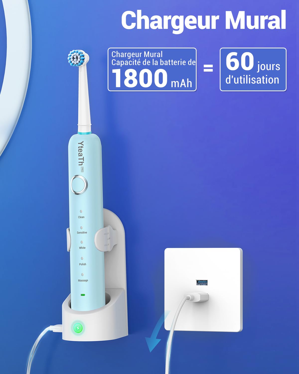 Brosse À Dent Électrique Rotatives Famille - Brosses À Dents Rotatives pour Adultes Enfant, 8 Têtes de Brosse et Étui de Voyage, 5 Modes, Étanche IPX7, Brosse A Dent Electrique de Voyage, Bleu Clair