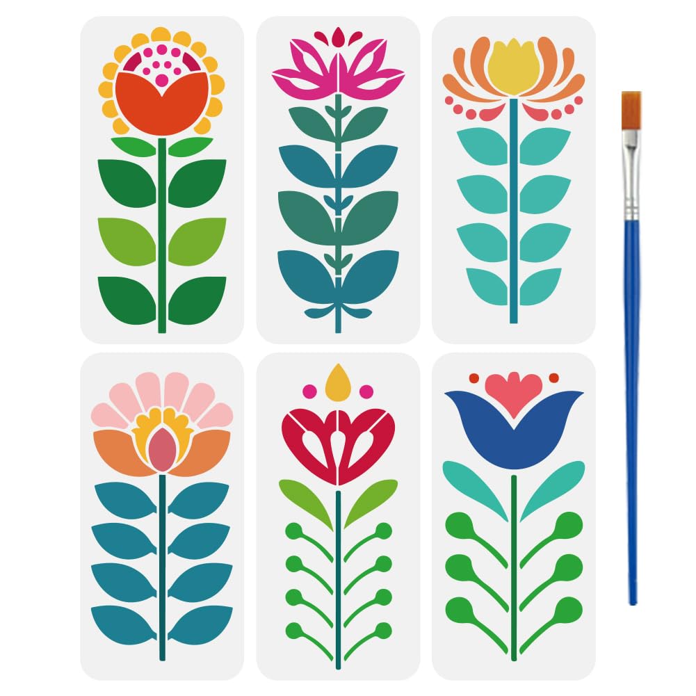 FINGERINSPIRE 6 Pz Stencil a Strisce Lunghe con Pennello 30x15cm Riutilizzabile Motivo Floreale Motivo Folk Art Stencil per Pittura su Pareti, Legno, Tessuto, Mobili, Decorazioni Fai da Te per La Casa