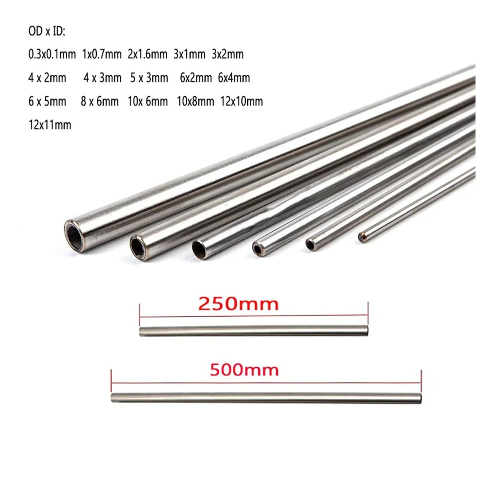 Tubo capilar de acero inoxidable 304: 1-10 piezas, 250 mm/500 mm, diámetro exterior de 1-12 mm, diámetro interior de 0,1-11 mm(500mm,1x0.7mm 10pcs)