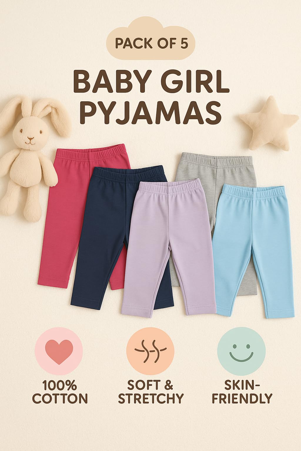 TuddyBuddy Baby Cotton Sleepwear Pyjama Combo - Harem Pants (3 Months-6 Months, Pack of 5 Pyjamas - Girls - Solids Assorted) 2