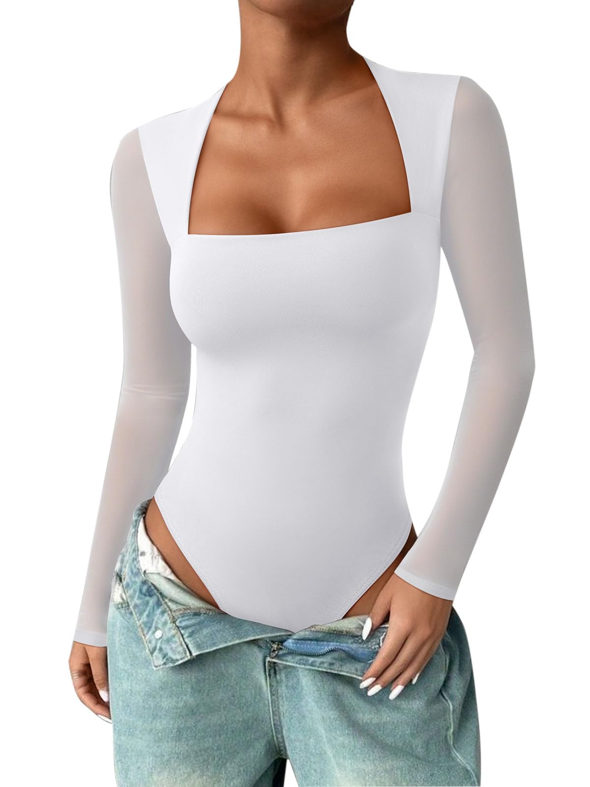 PINKMSTYLE Womens Square Neck Mesh Long Sleeve Bodysuit Going Out Tops Date Night Outfit 2025