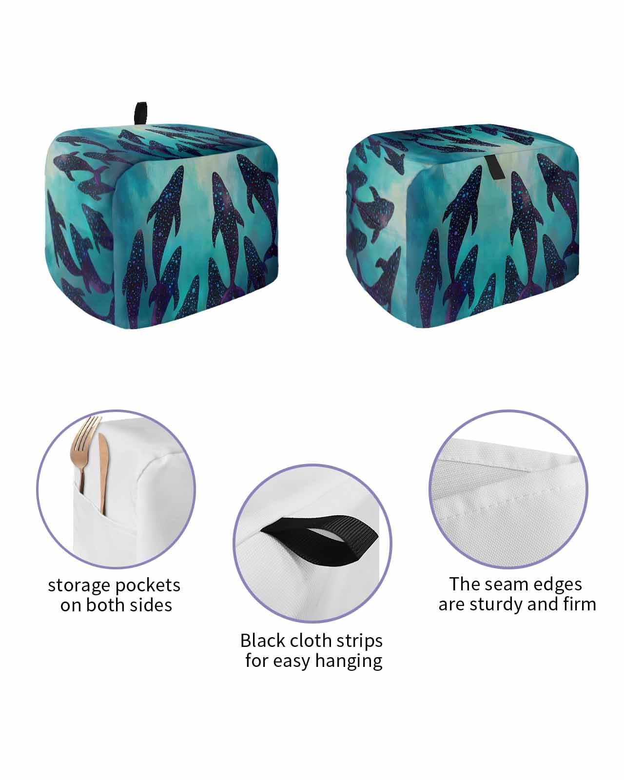 Ocean Whale Toaster Cover 2 Slice, Coastal Nautical Teal Sea Dustproof Bread Machine Oven Cover with Storage Pockets, Fits Most Kitchen Toasters Protector
