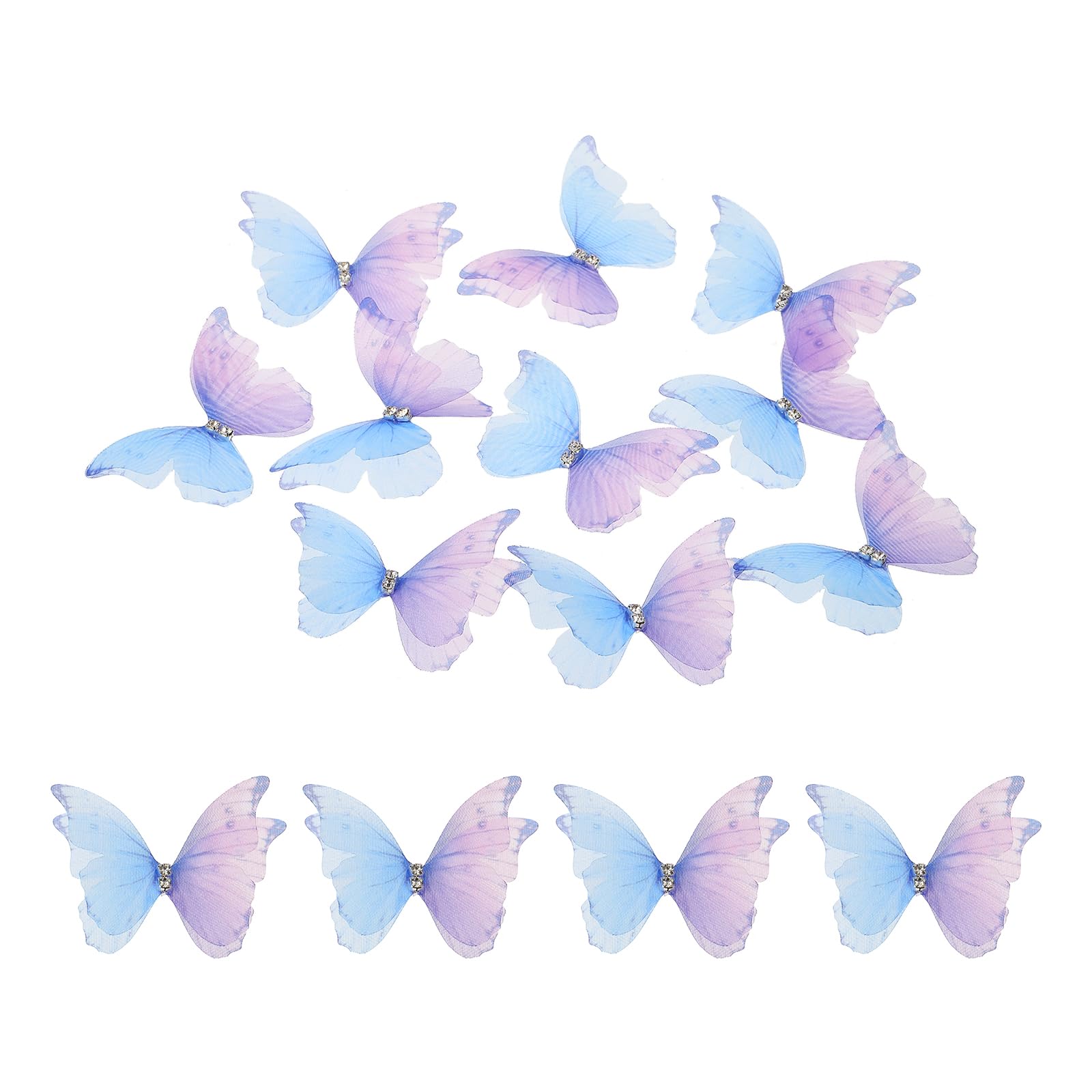 sourcing map 30Pcs Sheer Mesh Butterfly Appliques, 50mm Two Layers Butterflies with Gem Applique Patch DIY 3D Craft Ornament for Wedding Party Home Decor Clothes, Blue