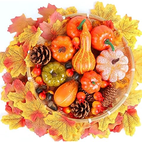 Mini Artificial Pumpkins Set, 50PCS Fake Pumpkins Artificial Vegetables Gourds Maple Leaves Pine Cones Acorns for Fall Garland Halloween Thanksgiving Fall Harvest Decorations Cover