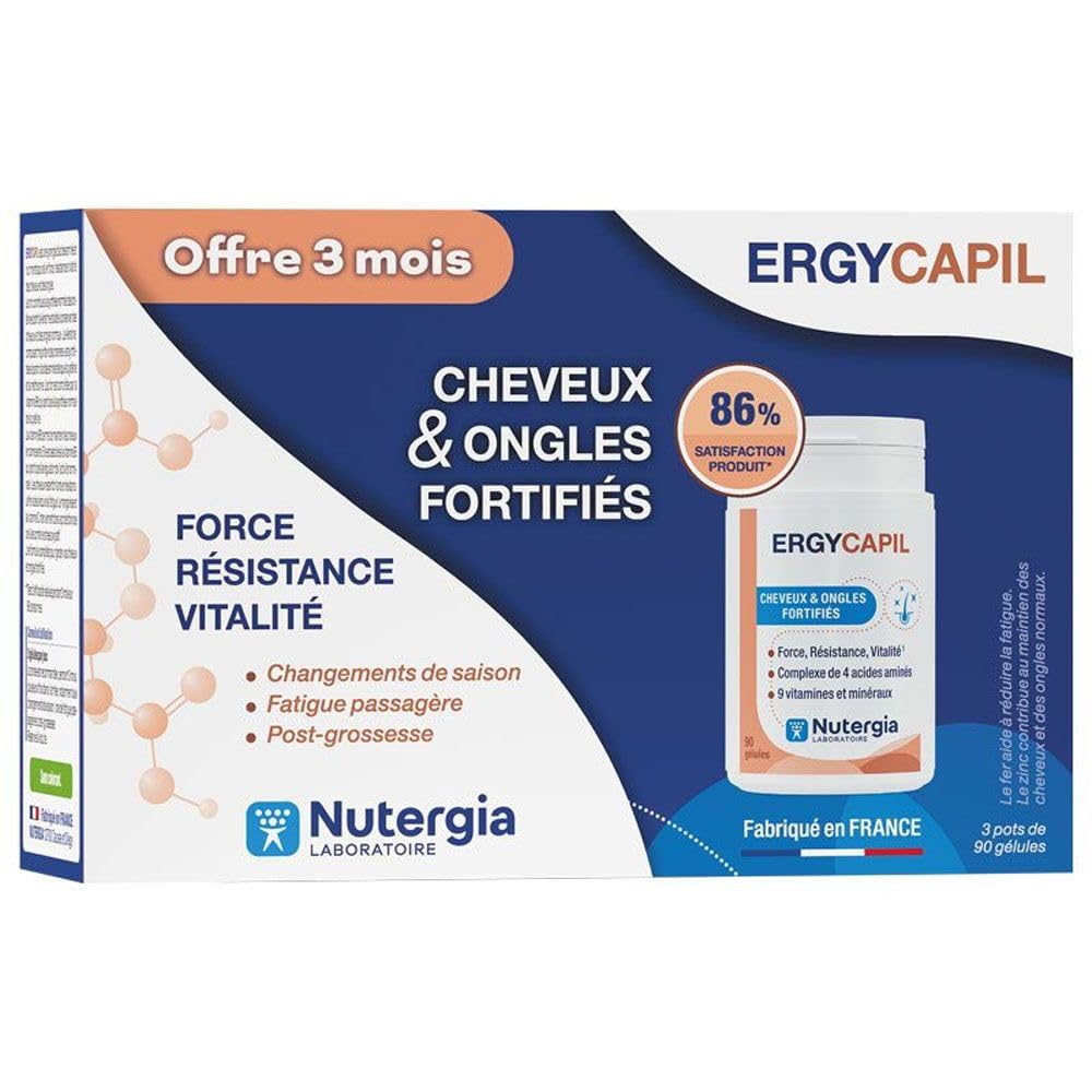 Nutergia – Cheveux et ongles fortifiés – Force – Résistance – Vitalité – Complément alimentaire – Etui de 3 pots de 90 Gélules – Fabrication Française