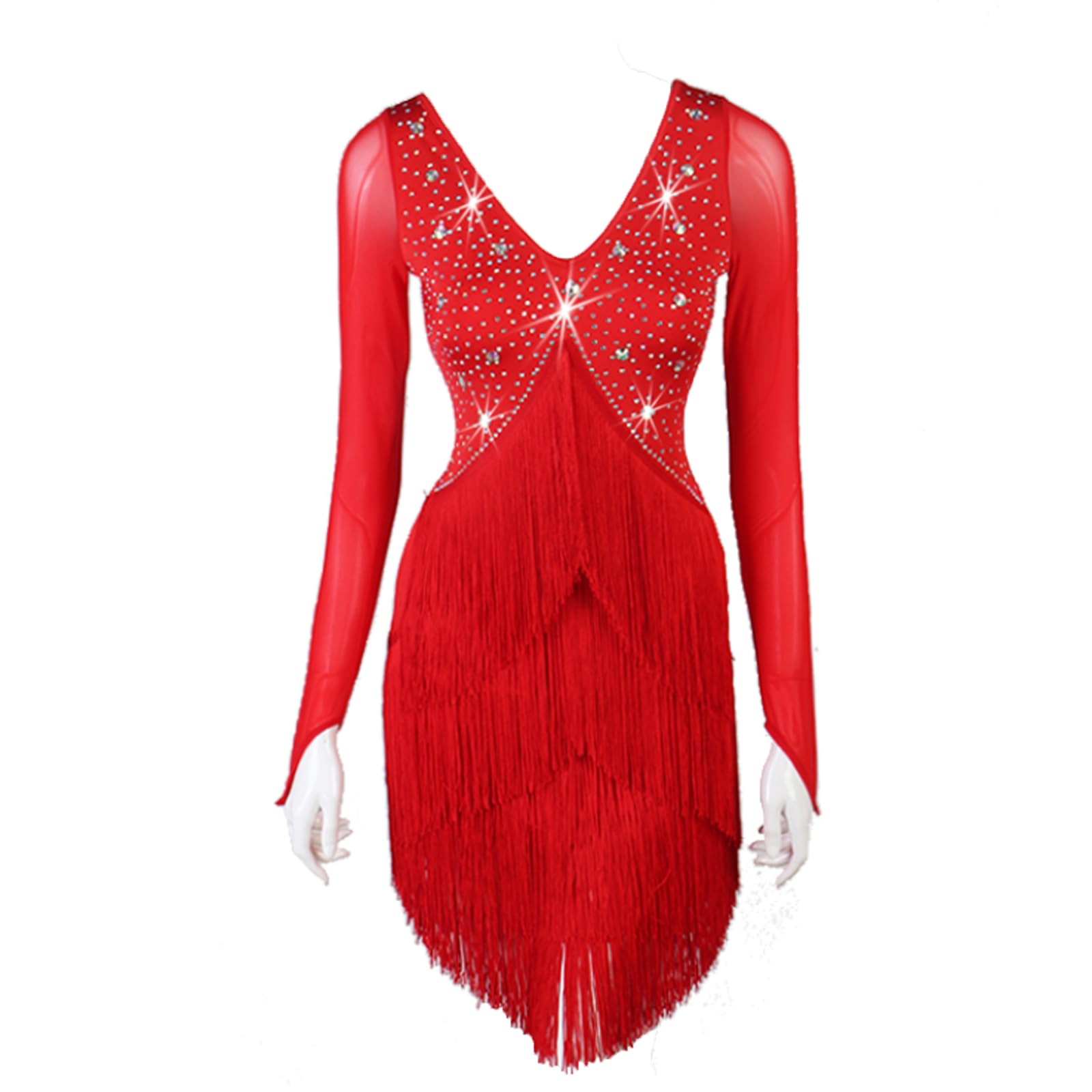 Tassel Latin Dance Dress V Neck Ballroom Salsa Training Dance Dresses Dance Clothes for Samba Rumba Long Sleeve Red