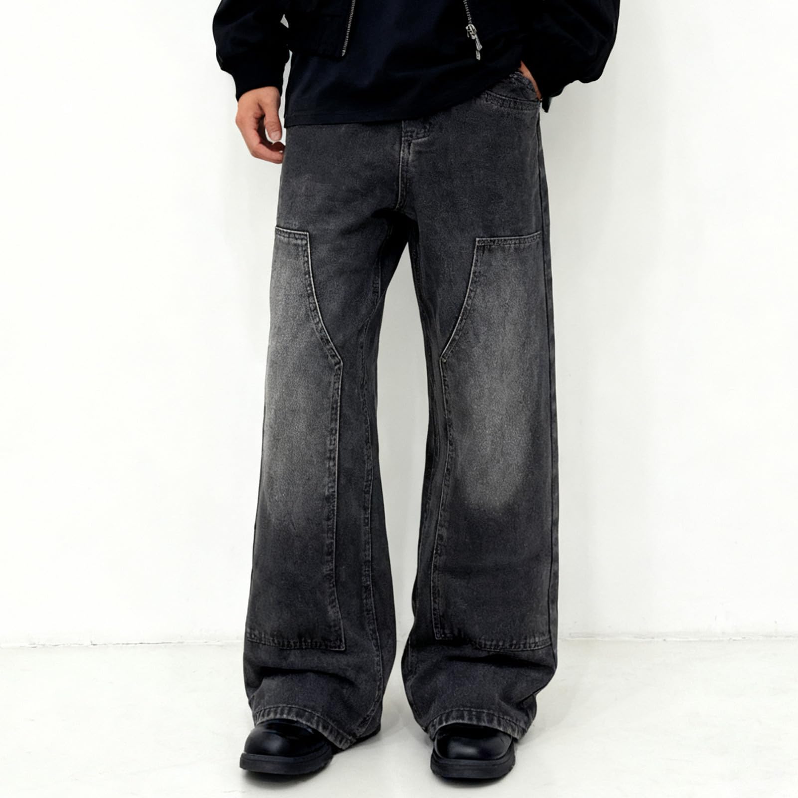 Jeans da uomo, stile vintage, largo, taglio dritto, in tinta unita, stile retrò, patchwork, per il tempo libero, casual, streetwear, outdoor, jeans da uomo