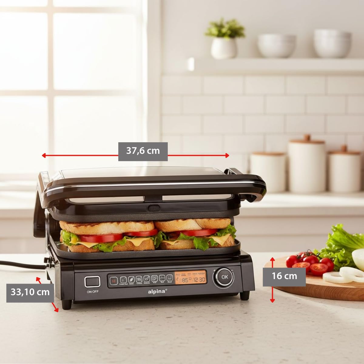 ALPINA - Grill électrique Multi fonction Panini Viande 2100W Minuterie 8 réglages Cuisson intelligente Plaque Anti-adhésive
