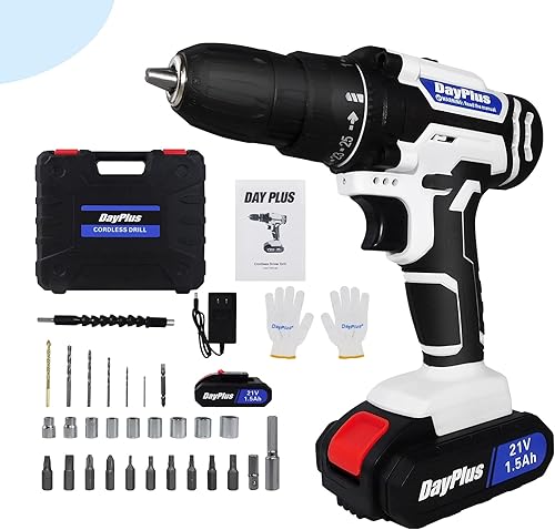 Juego de taladro eléctrico inalámbrico de 21 V con batería de iones de litio de 1.5 Ah y cargador rápido, kit de taladro de portabrocas de 38