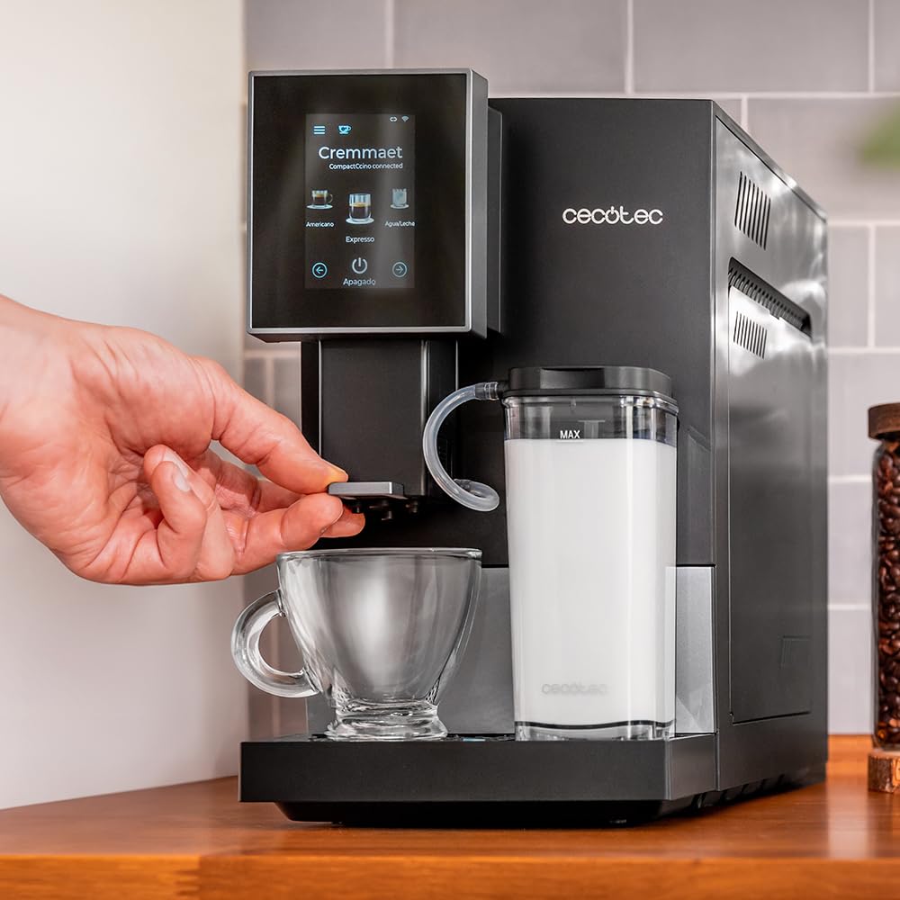 Cecotec Kompaktowy superautomatyczny ekspres do kawy z Cremmaet Compactccino Connected Black Silver. 1350W, 19 barów, wyświetlacz TFT i aplikacja, młynek, zbiornik na mleko 400 ml i 1 l wody
