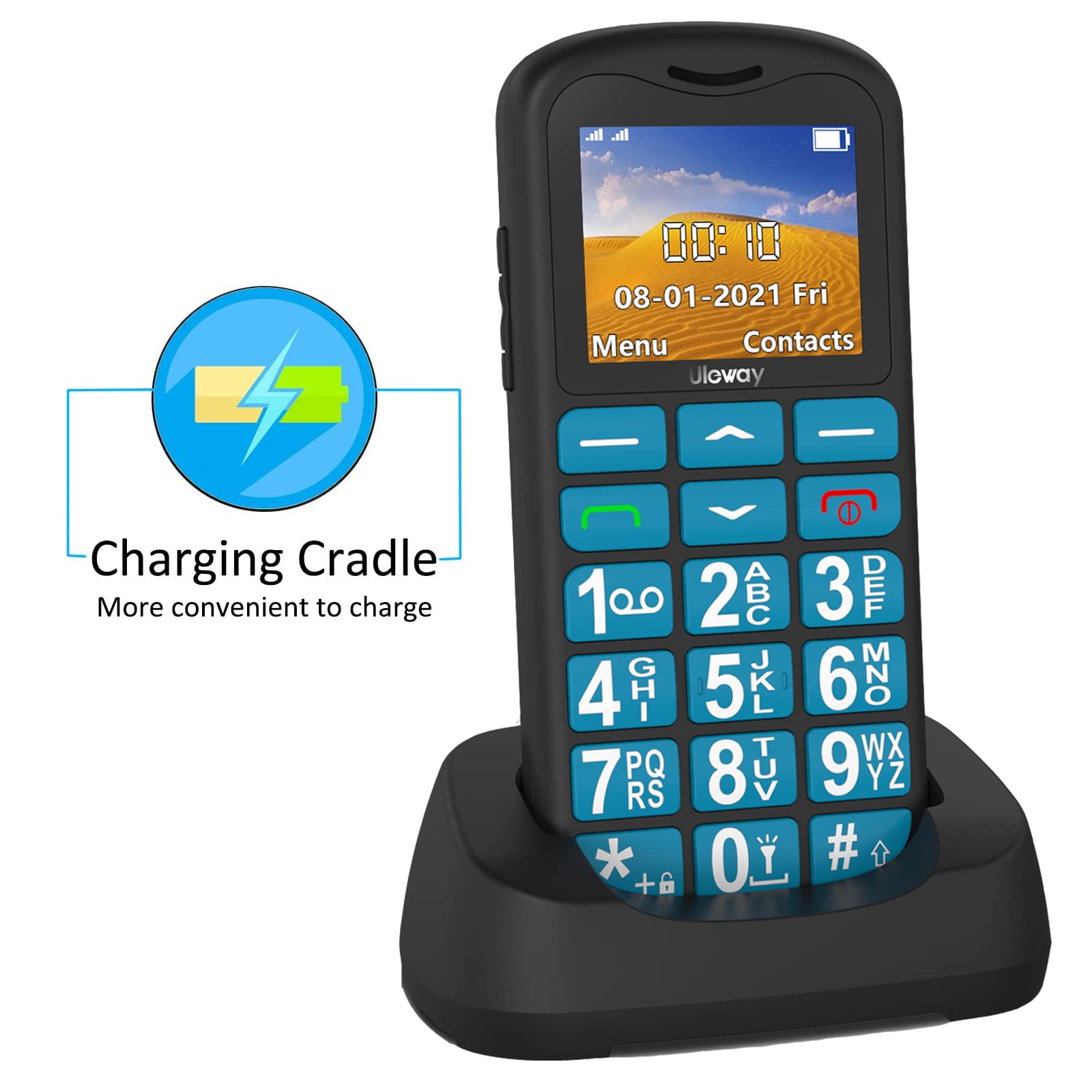 uleway Teléfono Móvil para Personas Mayores, Senior Móviles de Teclas Grandes, SOS Botón, Doble SIM, Llamada Rápida, Sonido Fuerte de Radio, Base de Carga, Fácil de Usar para Ancianos (Azul+)