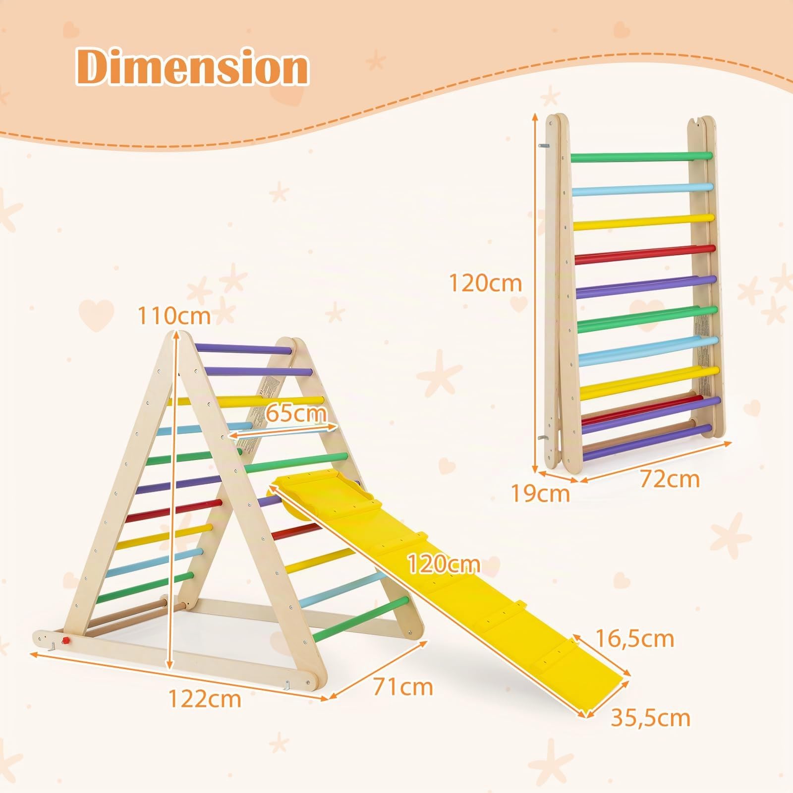 DREAMADE Echelle d’Escalade Triangle Pliable pour Enfants 3+ Ans, Mur d'escalade Pliant en Bois pour s'entraîner à Grimper et à saisir, 122x71x110 CM (Coloré)