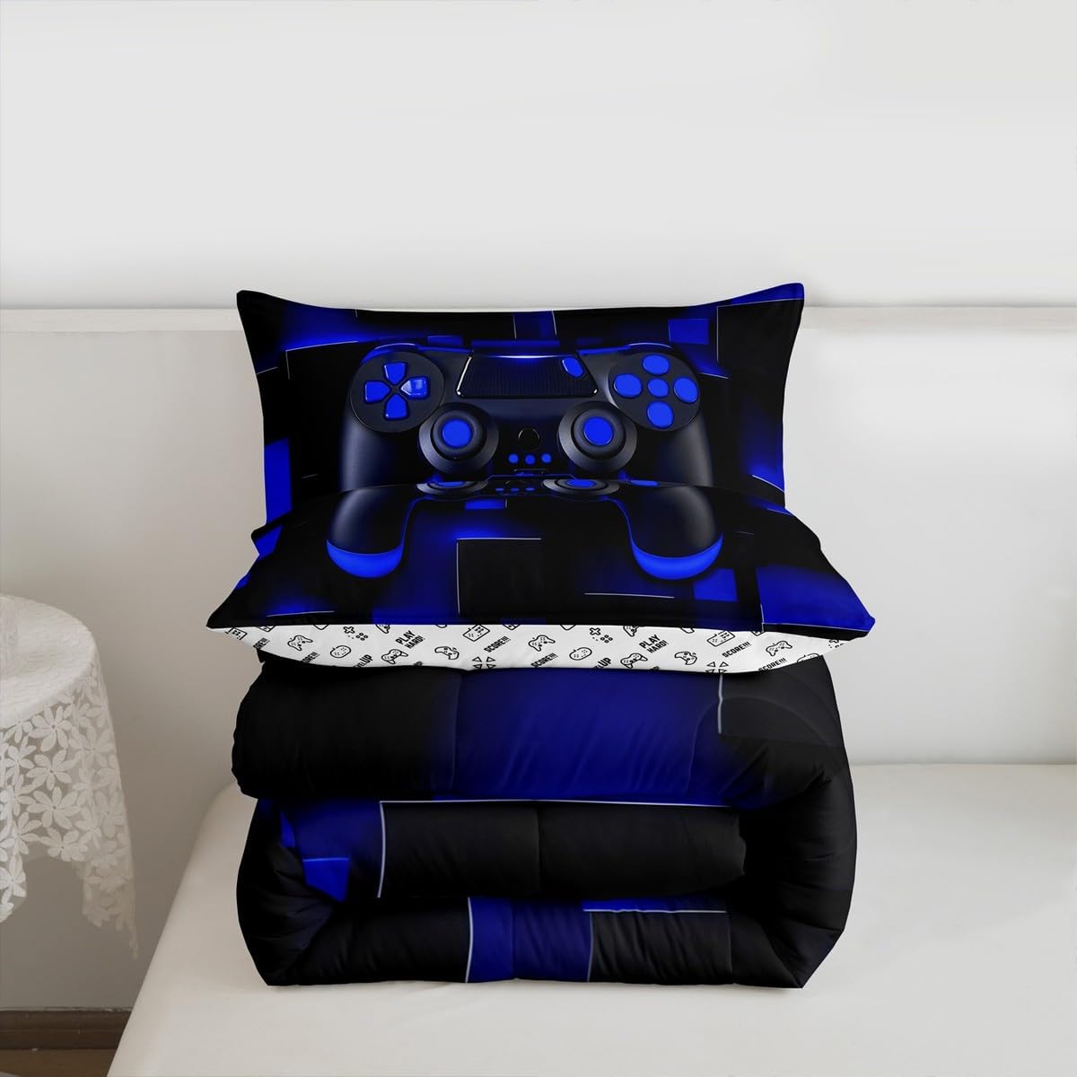 Feelyou Gamer Bedding Set for Kids Boys Girls Gaming Comforter Set Twin Size Ombre Abstract Duvet Quilt Bedroom Decor Breathable Soft Lightweight Microfiber Blue Black Toddler 2Pcs