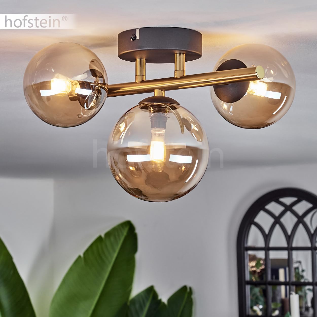 Lampada da soffitto Chehalis, lampada da soffitto in metallo/vetro nero/oro/ambra, design retrò/vintage con ombrelli in vetro (Ø 10 e 12 cm), 3 LED G9, senza lampadina