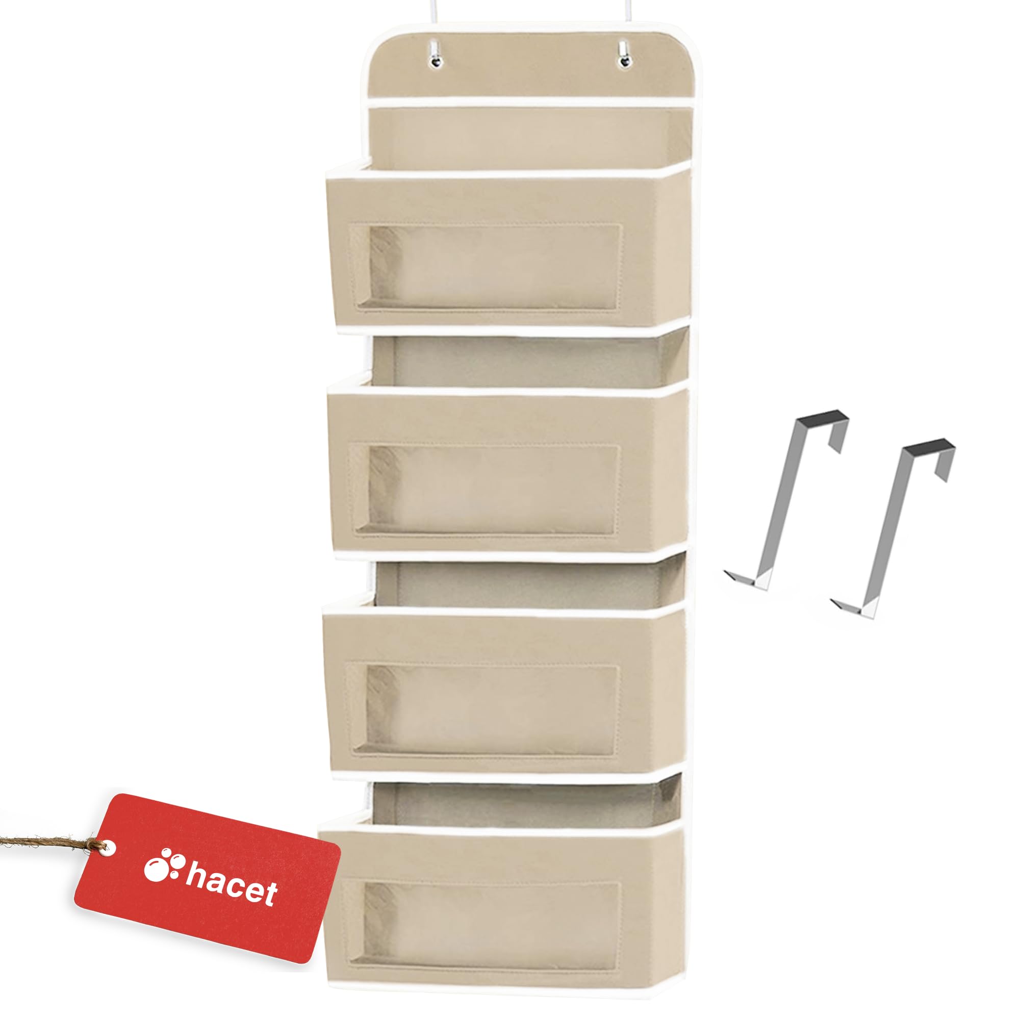 HACET Over Door Hanging Organizer w/ 4 Large Pockets, Wall Mount Storage w/Clear Windows & 2 Adjustable Metal Hooks, Non-Woven Fabric Wall Closet Organizer for Dorm, Bedroom Nursery Pantry (Beige)