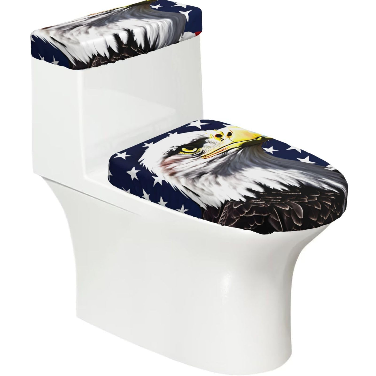 Bald Eagle Flag Print Stretch Toilet Covers Set, Polyester Covers Replacement For Fits Most Size Lids Bathroom Decor