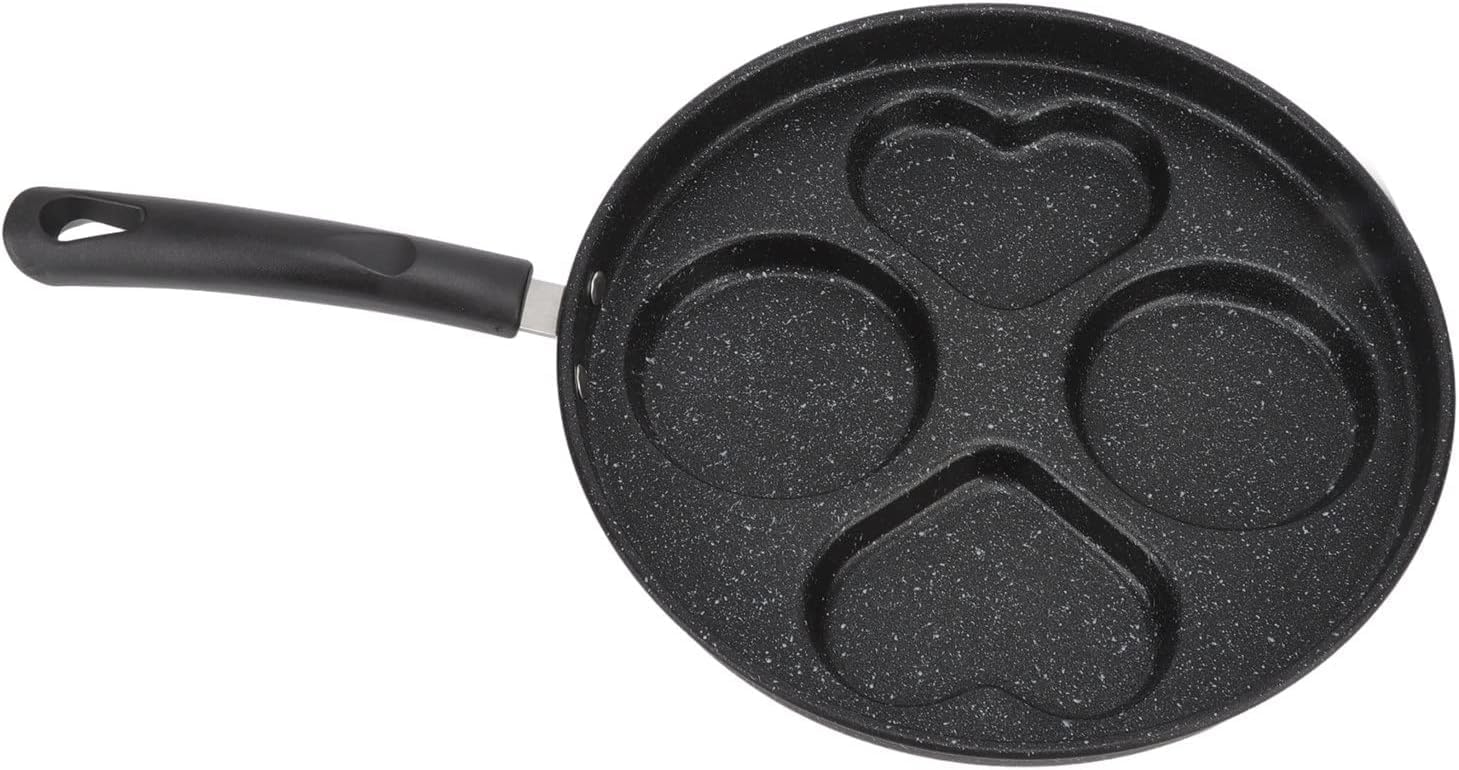 HDR MALL Non-Stick 4 Holes Frying Pan for Eggs and More | Multifunction Breakfast | Kitchen Omelet and Pancake Making Pan | Heart and Round Shape Cooking and Frying pan-BPA Free- 1Pcs