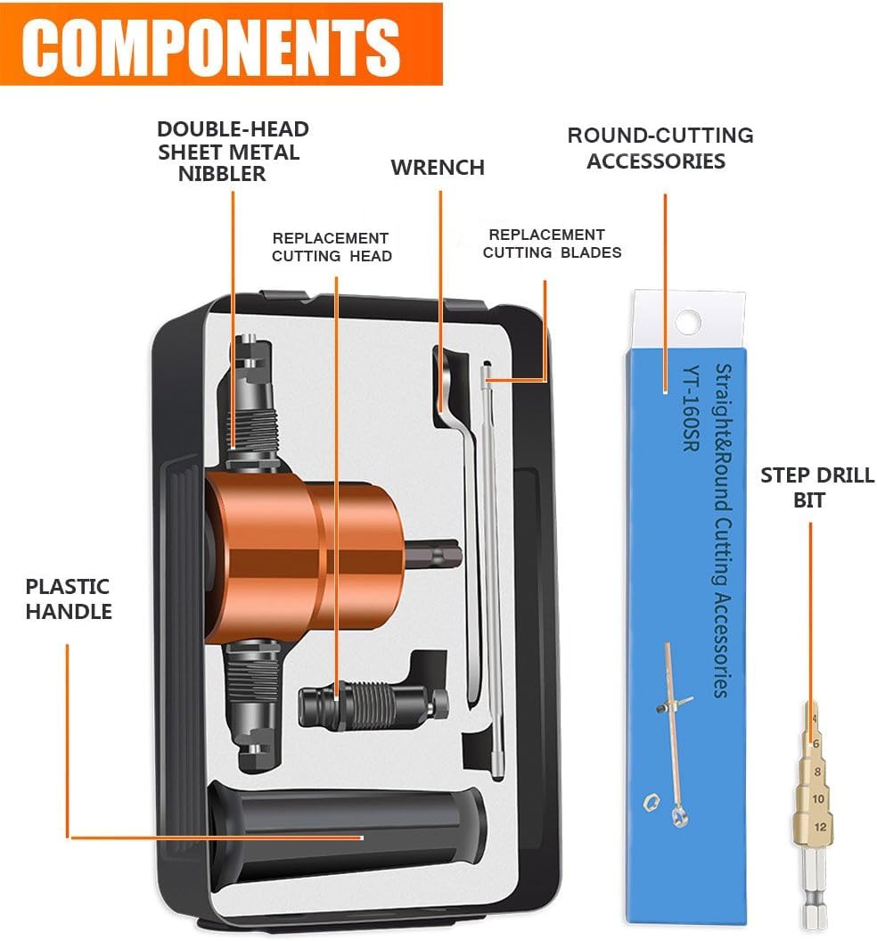 Cortador de chapa de doble cabezal, accesorio versátil para cortar curvas rectas y círculos, acero de calibre máximo 14, perfecto para bricolaje en el hogar y reparación de automóviles