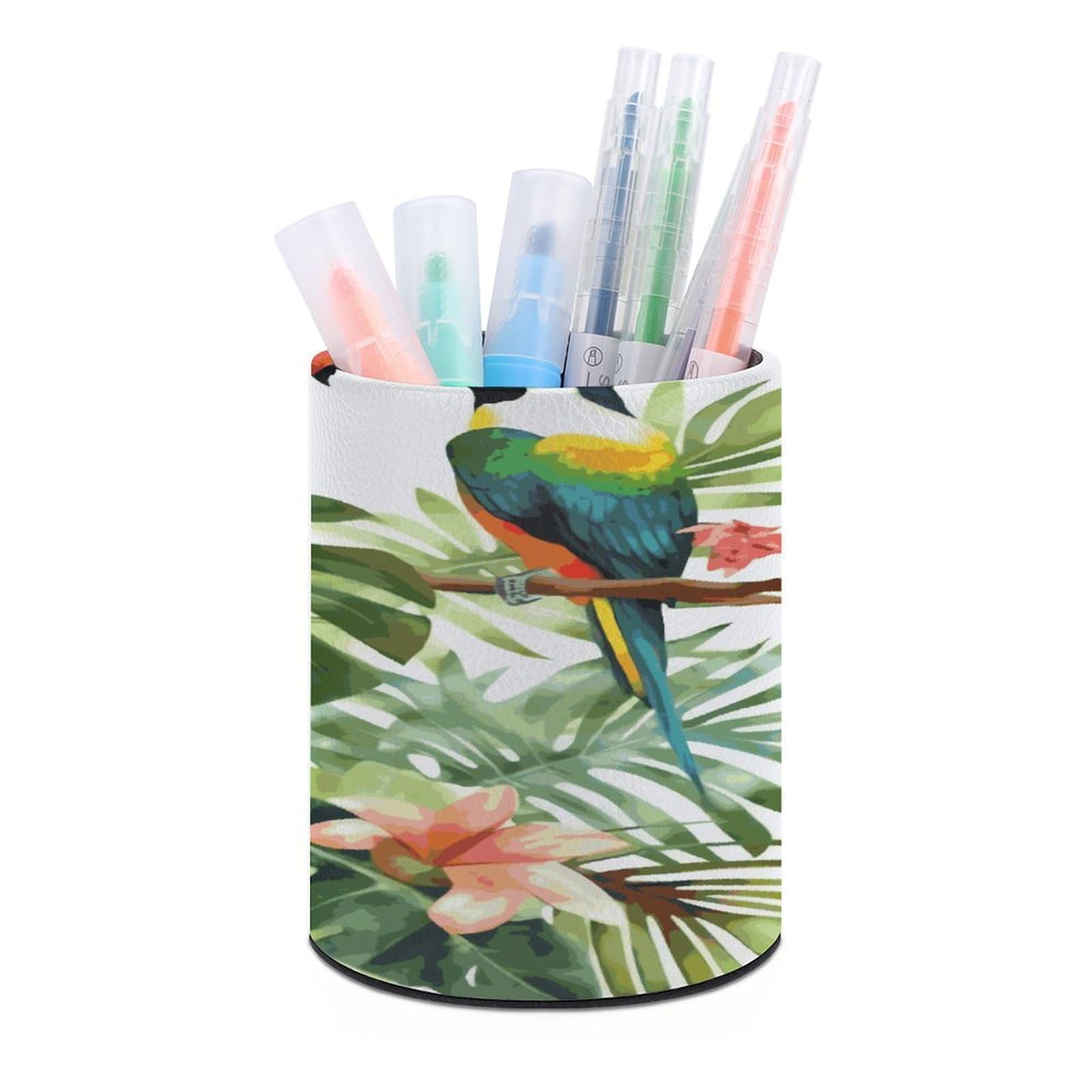 LDGSUPH Toucans Parrot Palm Tree Leaves Round Pen Holder Leather Pen Cup Pencil Cup Pen Organizer Pencil Holder for Desk Organizer Pencil Organizers Makeup Brush Holders for Home Office Gift