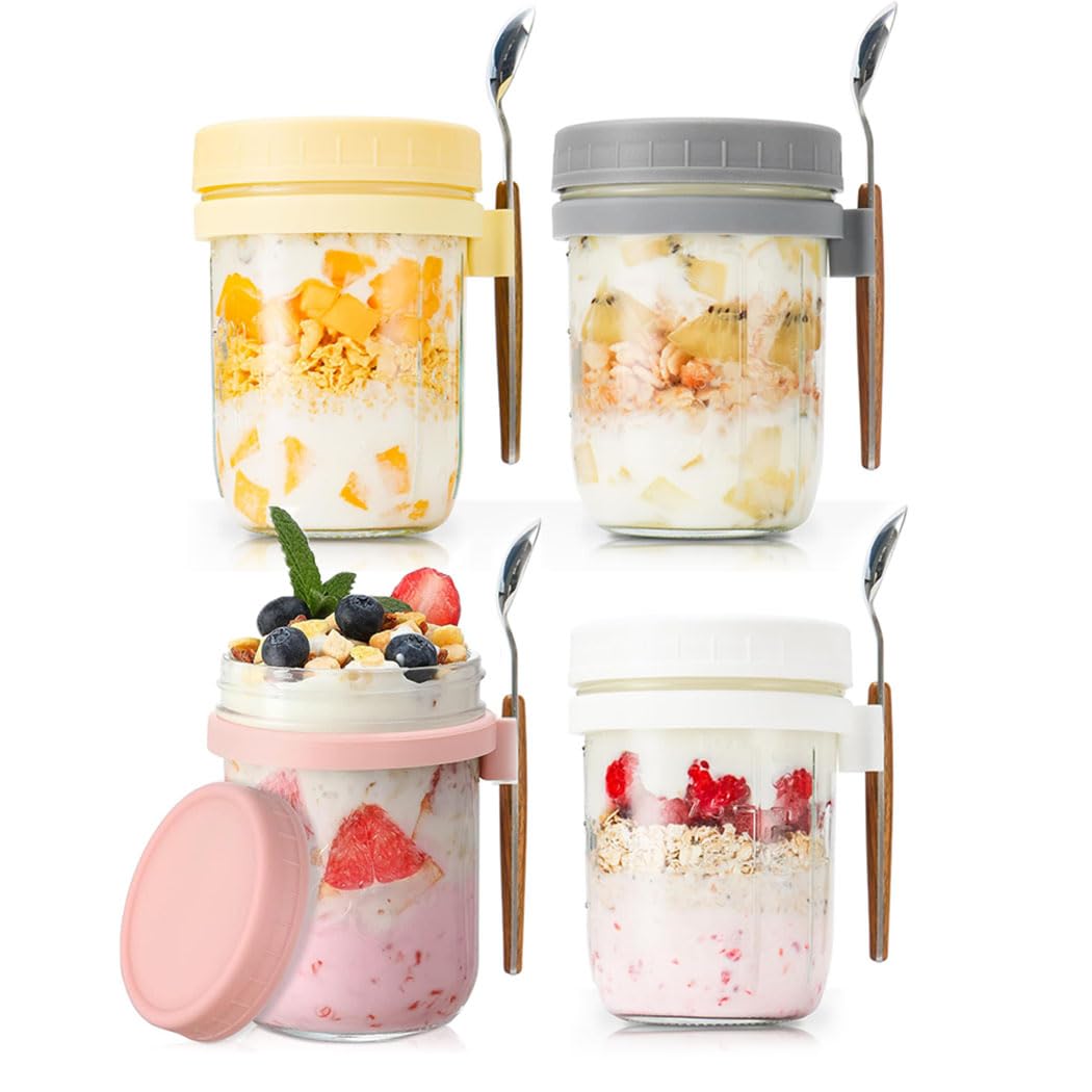 Overnight Oats Jars with Lids & Spoon, 4 Pack Glass Overnight Oats Container,350ml Mason Jar,Oats Containers for Milk,Salad,Meal Prep,Yogurt,Soup, Fruit-Leak Proof Oatmeal Cups,Reusable Food Jar Bowl