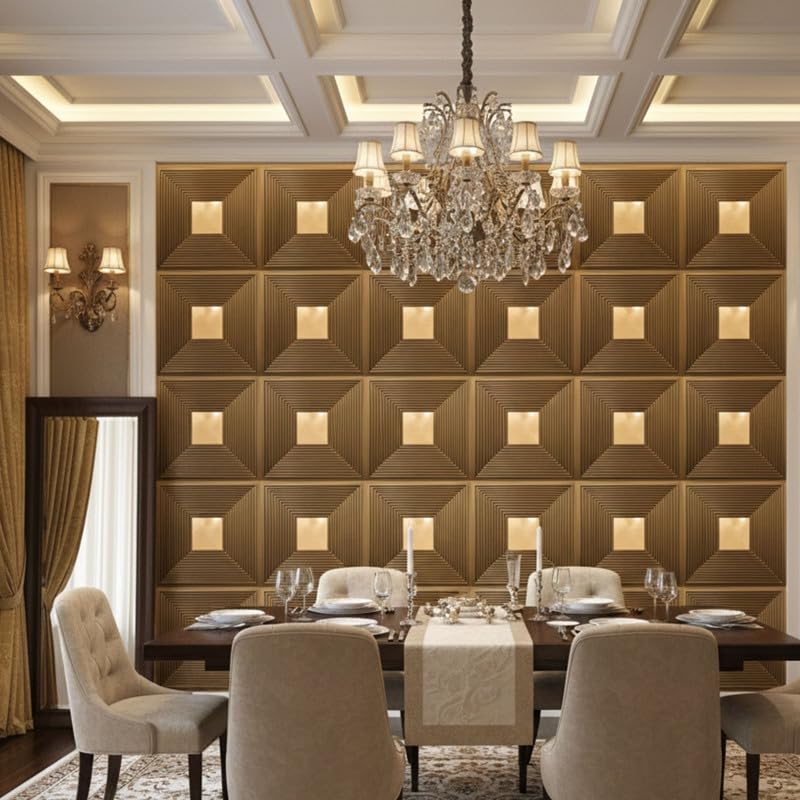 Image of Kayra Decor 3D PVC Wall Panels - Line Design, Mirror Golden Color, 19.7 inch x 19.7 inch (Pack of 12) | Covers 32.28 Sq. Ft. |