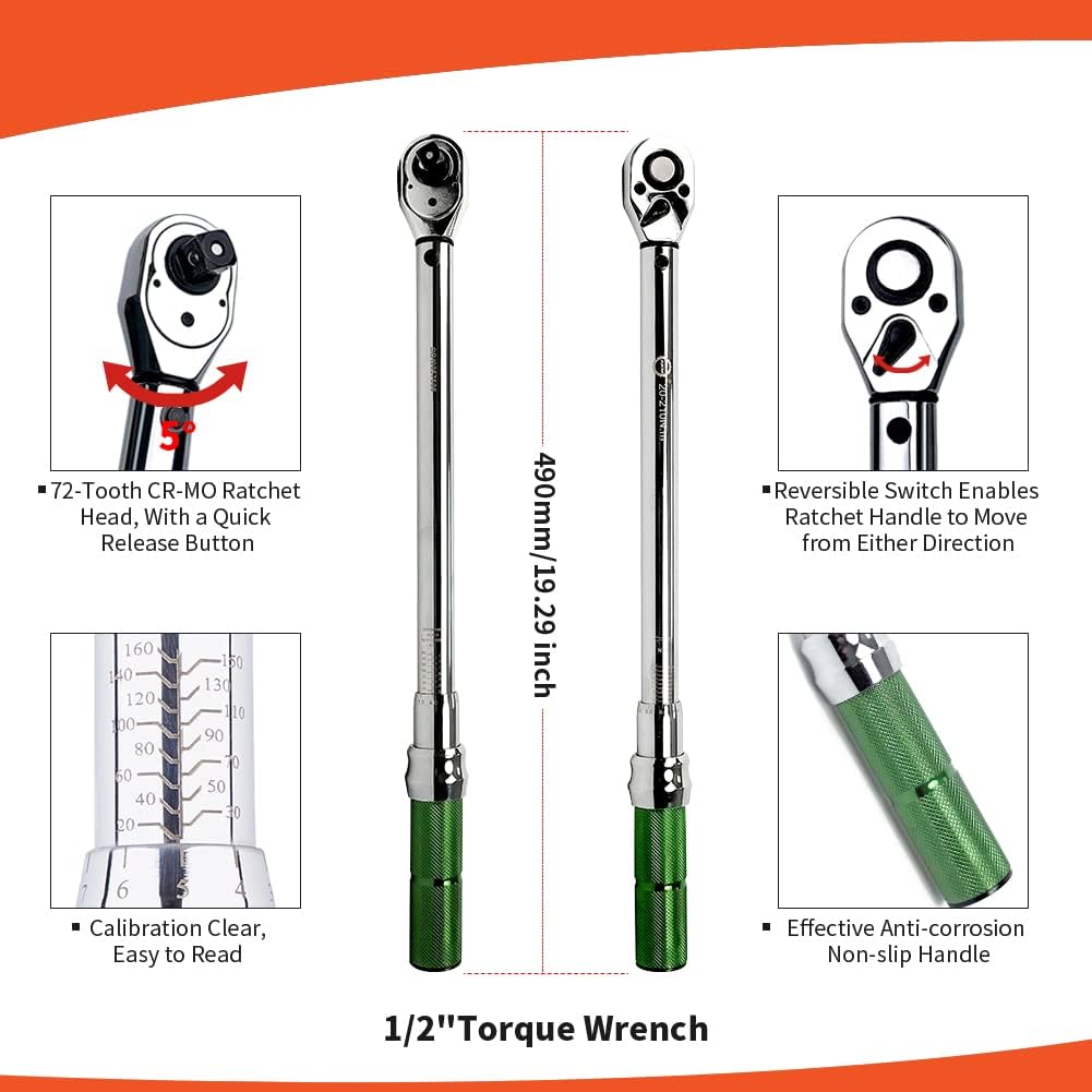 🔥 Flаѕh Sаlе AKM 1/2-inch Drive Click Torque Wrench Set Dual-Direction Adjustable High Precision Wrench with Buckle (20-160ft.-lb / 20-210Nm)