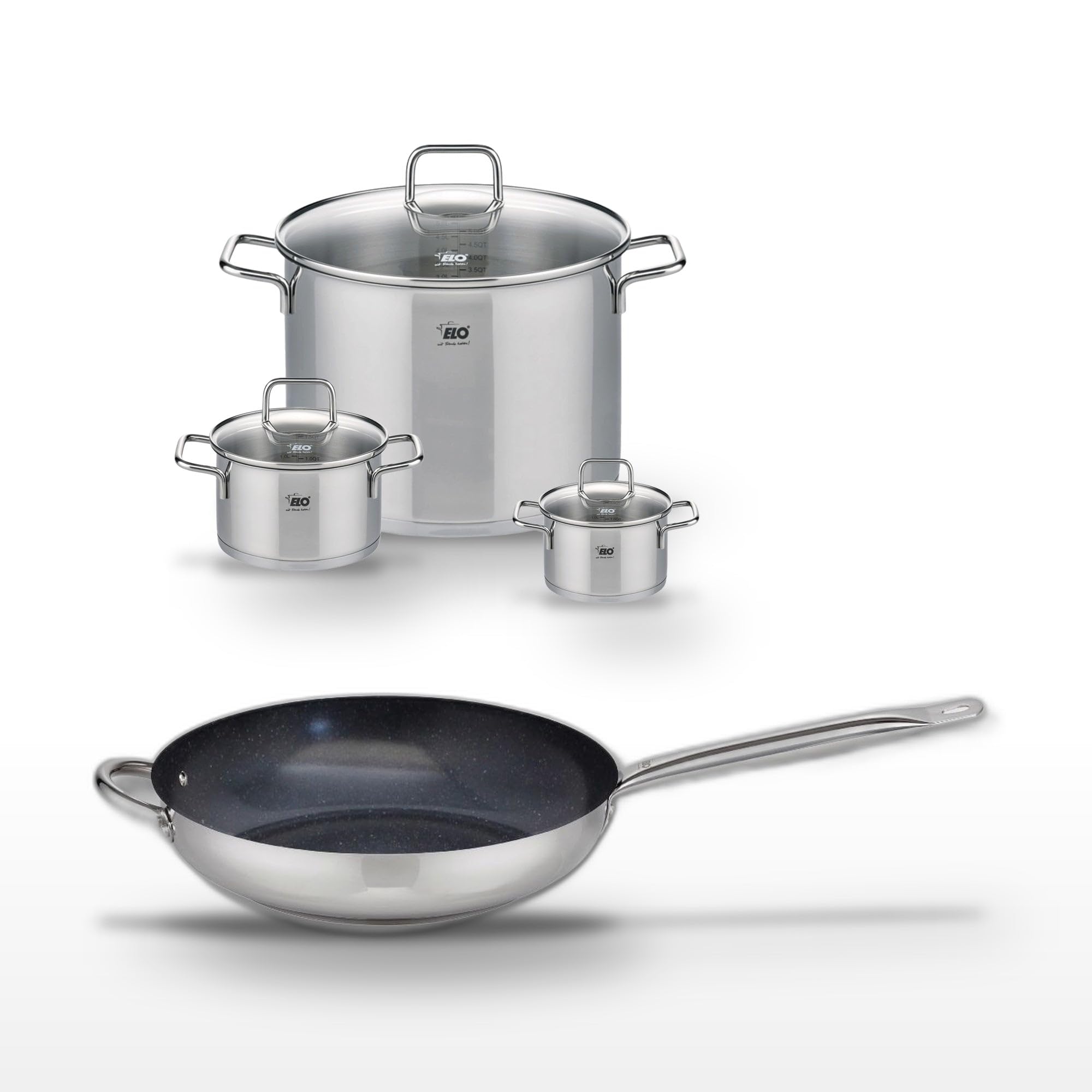 Elo 9522050BX Kochgeschirr-Pfanne, 32 cm, Profi Therm Platinum, 3 Kochtöpfe aus Edelstahl, Citrin