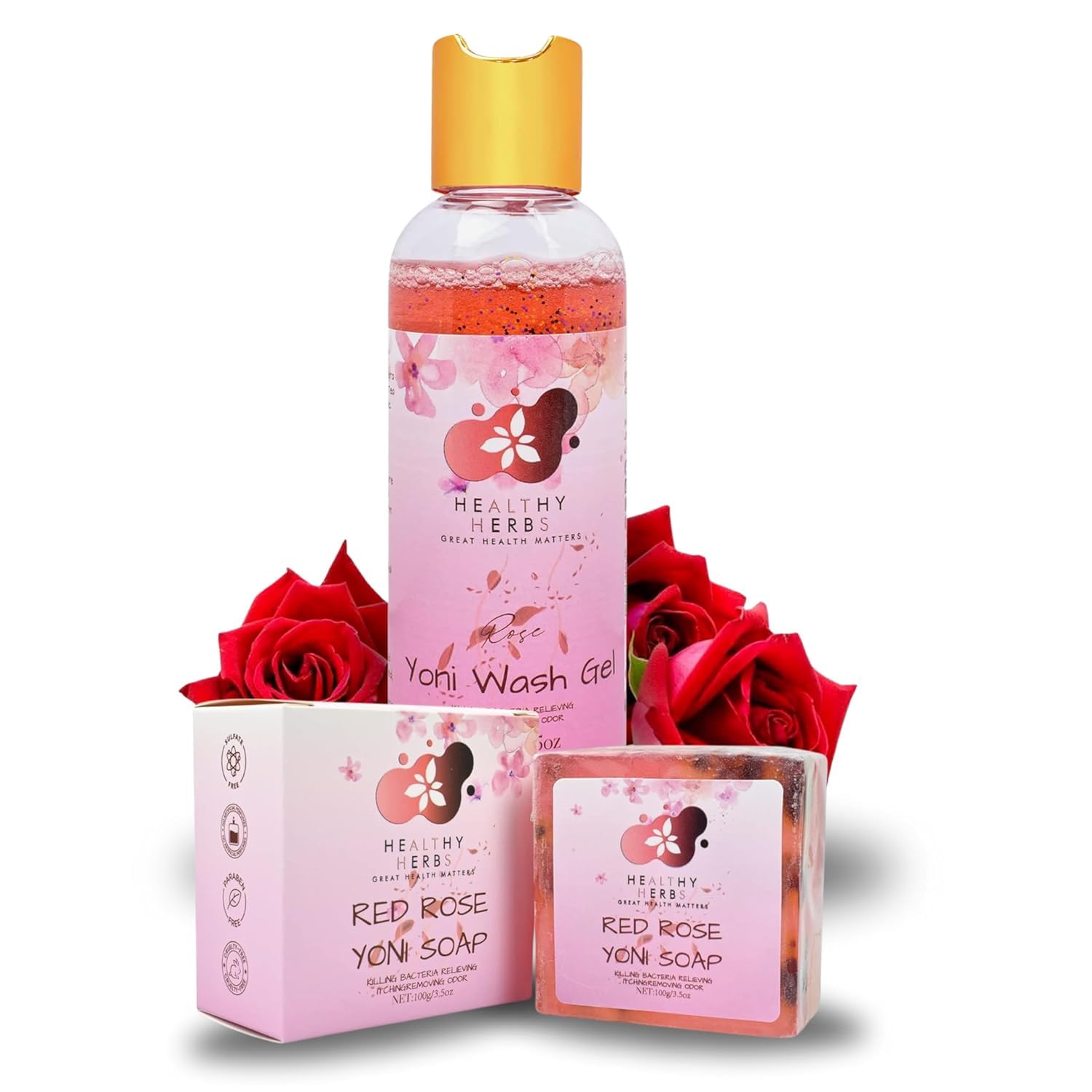 YONI Feminine Care Set | Red Rose Gel Wash + Natural Yoni Soap Bar | Organic Daily Intimate Cleanser Duo for Odor Control, pH Balance & Freshness | Handmade, Plant-Based, Women-Owned