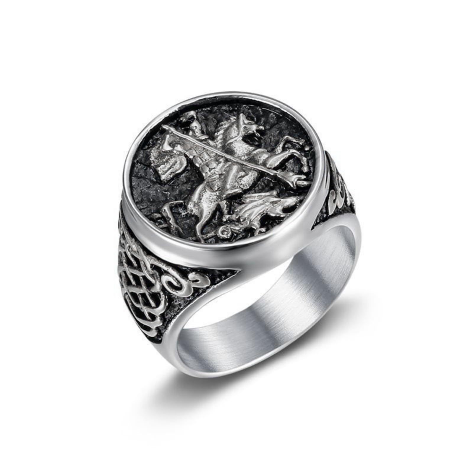 VHJdtE Rings, Intricate St. George Slaying the Dragon Design Ring Epic & Mythical Knots Style Titanium Steel Exquisite(Silver,S)