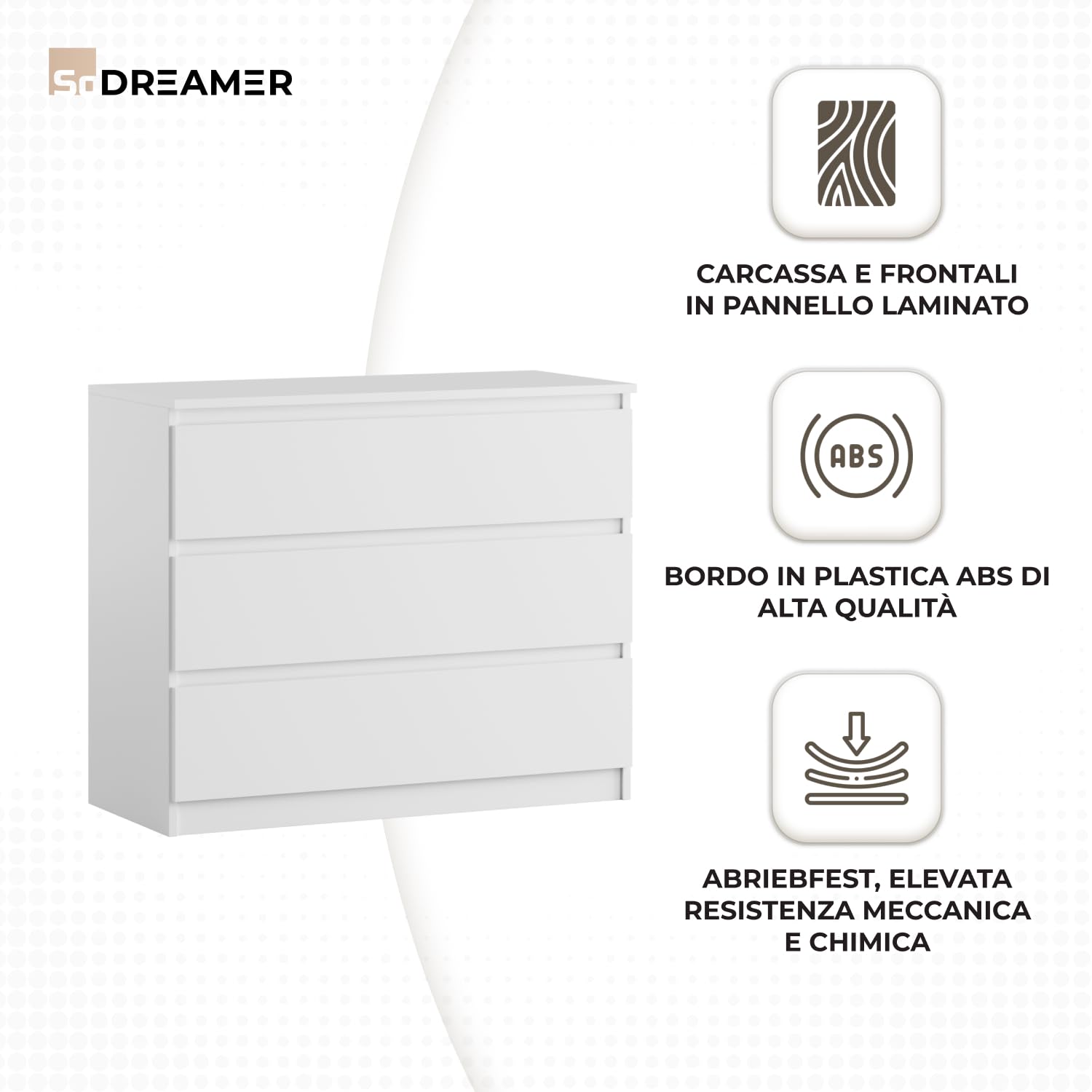 Cassettiera a 3 cassetti | Bianco 90 cm Ideale per camera da letto, soggiorno, camera dei bambini e ufficio | Cassettiera spaziosa | Design moderno | 90 x 75 x 40 cm