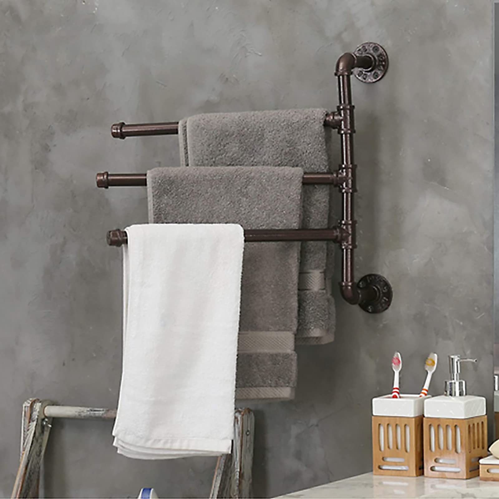 LYGXWJFC Toallero Toallero calefactable. Toallero Giratorio para baño, toallero, Juego de Barra de Toalla de Tubo Industrial, toallero de Pared de Color marrón Rojizo, Anillo de Toalla de Hierro de 3