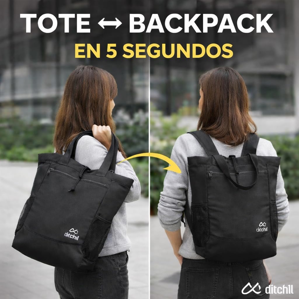 DITCHIL Mochila Gimnasio, Gym Mujer, Mochila Urbana 2 en 1 Convertible en Tote Bag, Bolsa Deportiva de Nylon Resistente para Deporte, Fitness y Uso Diario (Negro) — view 2