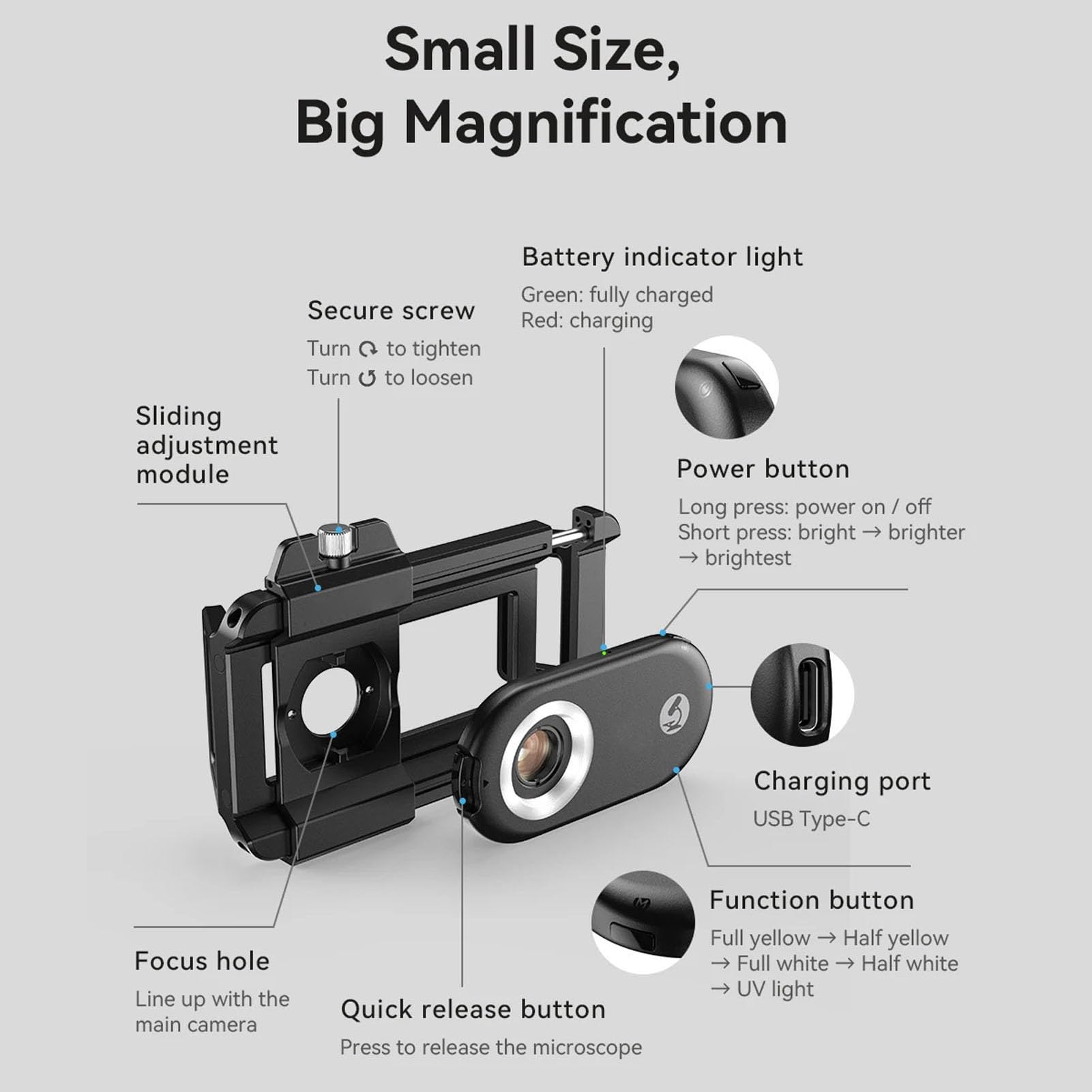 Lente de Microscopio para Teléfono, Micro Lente para Teléfono Nano Zoom para Android para Teléfono iOS con Filtro CPL Luz LED, Mini Microscopio Digital de Bolsillo, Accesorios