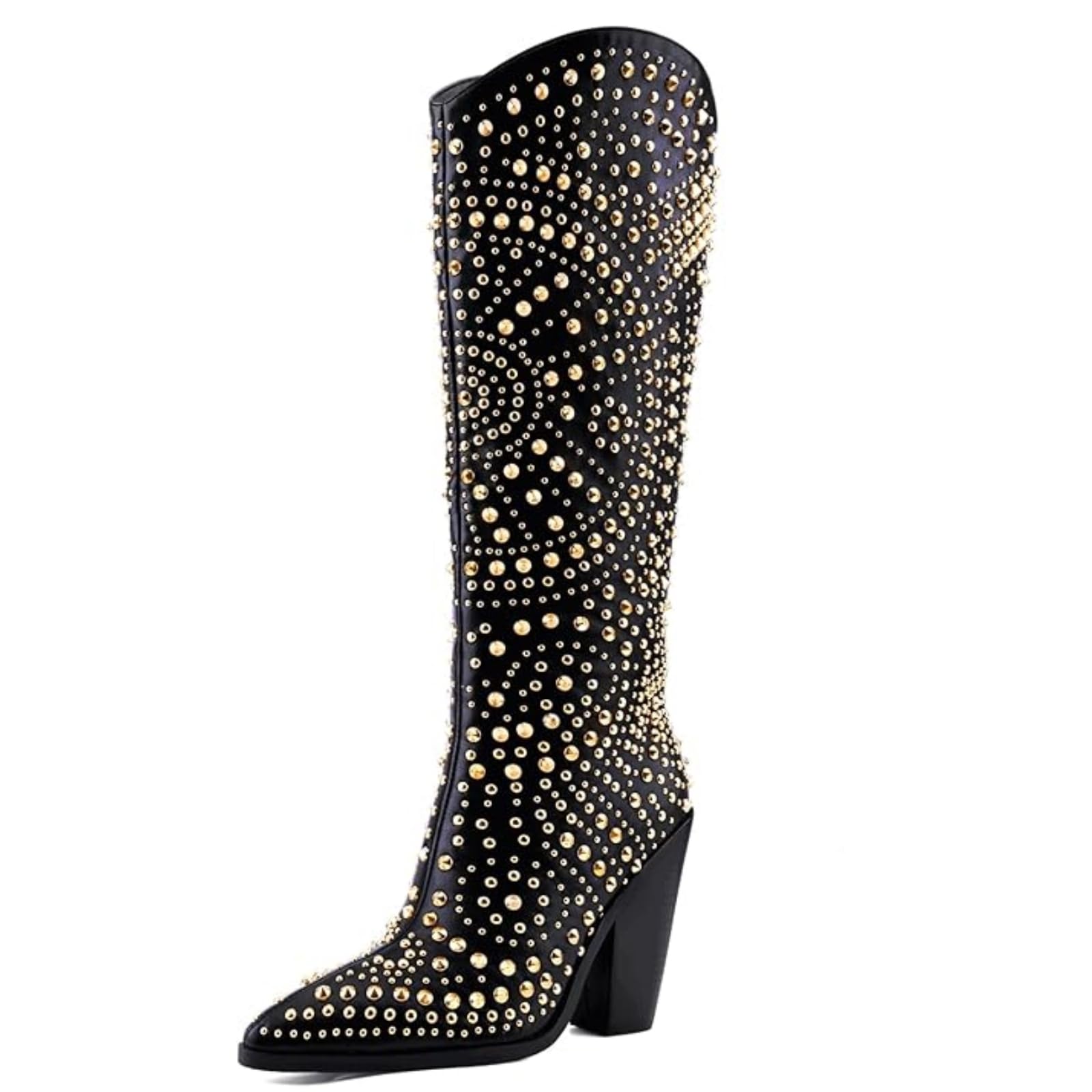 Luxurious Studded Womens Knee High Boots Pointed Toe Chunky Heel with Metallic Rivets and Rhinestones Non-Slip Sole Unique