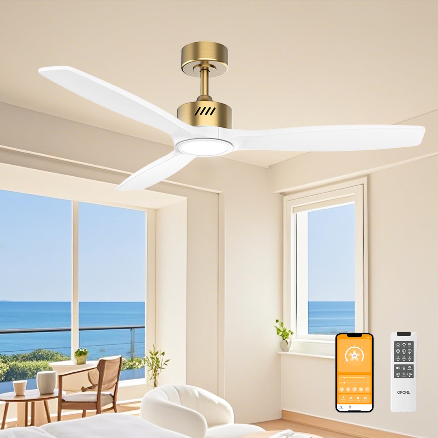 OPONL White Wood Ceiling Fan with Light 52inch, Low Profile, Remote Control, Downrod Mount, Noiseless, Reversible, 6CCT, Dimmable, 6 speeds, Timeable, Ceiling Fans with Lights for Living Room