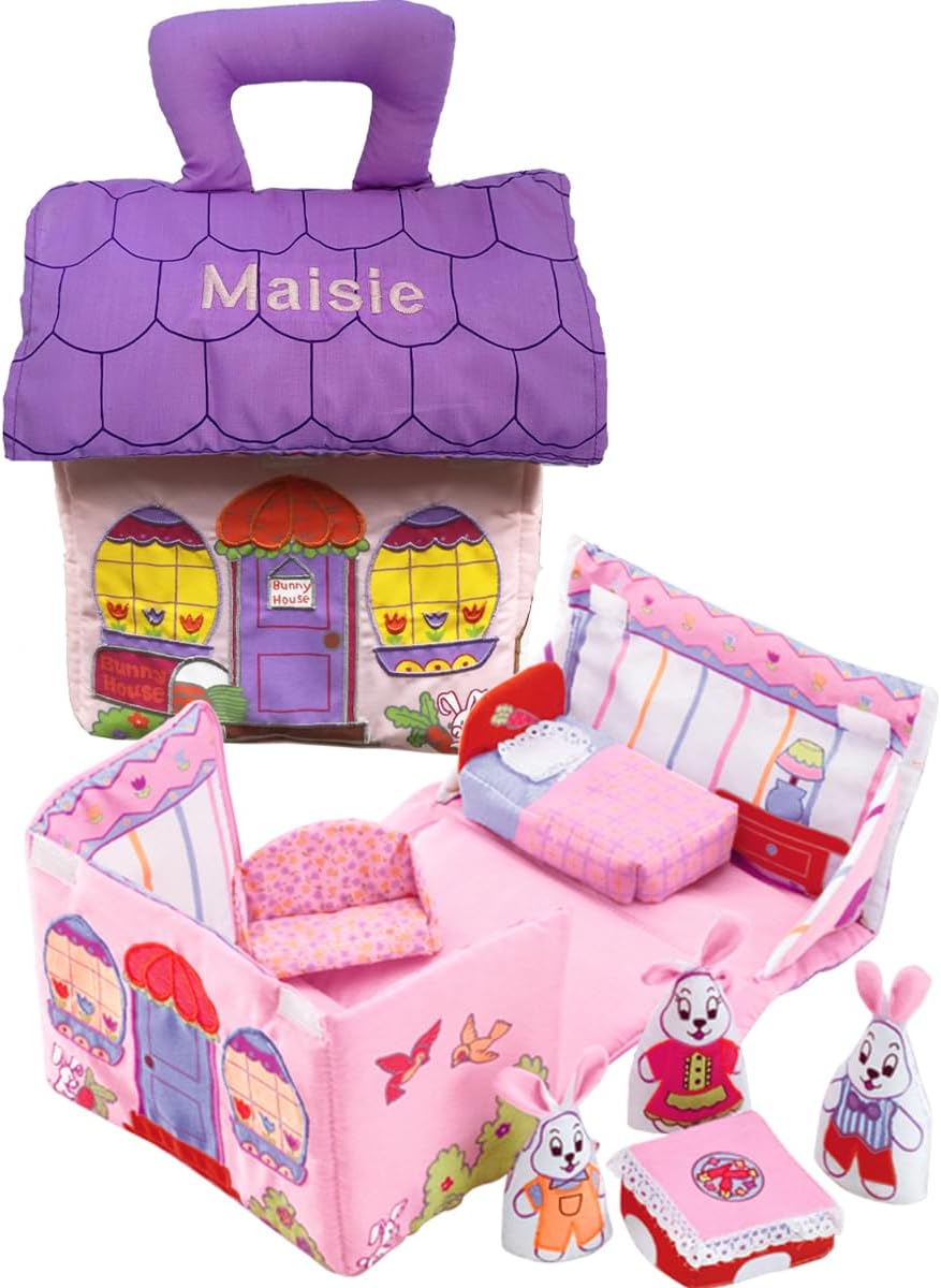 Pockets of Learning Personalized Fabric Bunny House Soft Play Set for Toddlers and Children, Cloth Activity, Pretend Play Toy