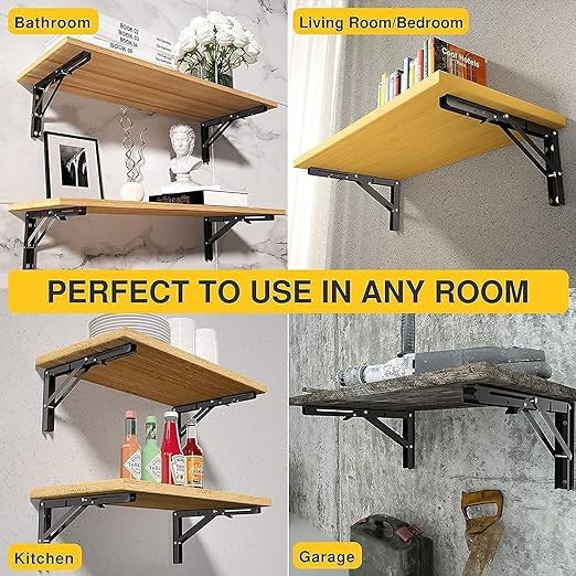 Image of VAGHASIYA 30 cm Heavy Duty Folding Shelf Brackets - Stainless Steel Collapsible Brackets for DIY Floating Shelves, Benches, and Tables, Space-Saving Design